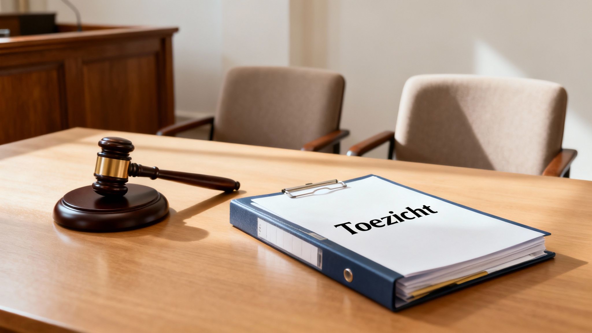 Voorwaardelijke executie uitgelegd in de praktijk 3 Een close-up van een document met juridische tekst, een pen en de hamer van een rechter, die het proces van vonnis tot uitvoering symboliseren