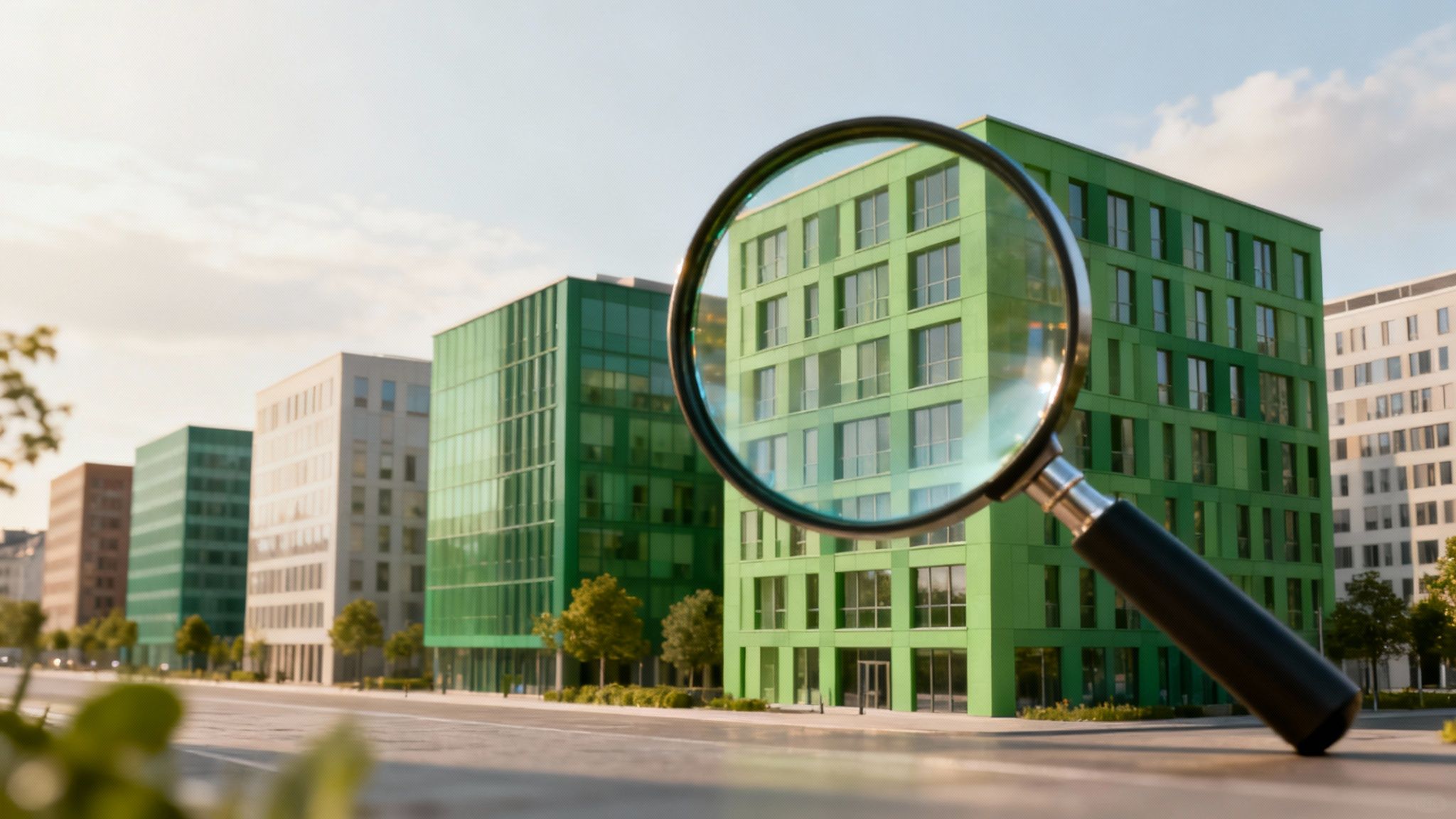 A magnifying glass hovering over a green leaf, symbolizing scrutiny of environmental claims
