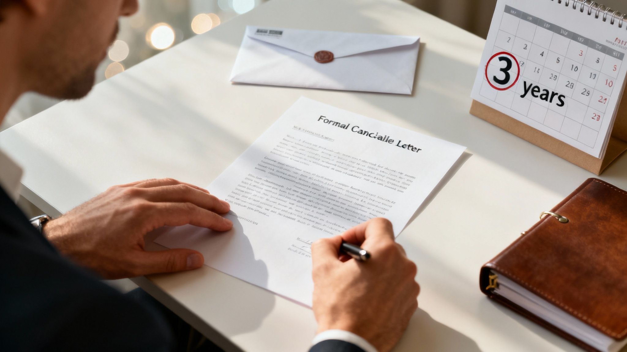 Een persoon die een document opstelt aan een bureau, met een focus op de pen en het papier.