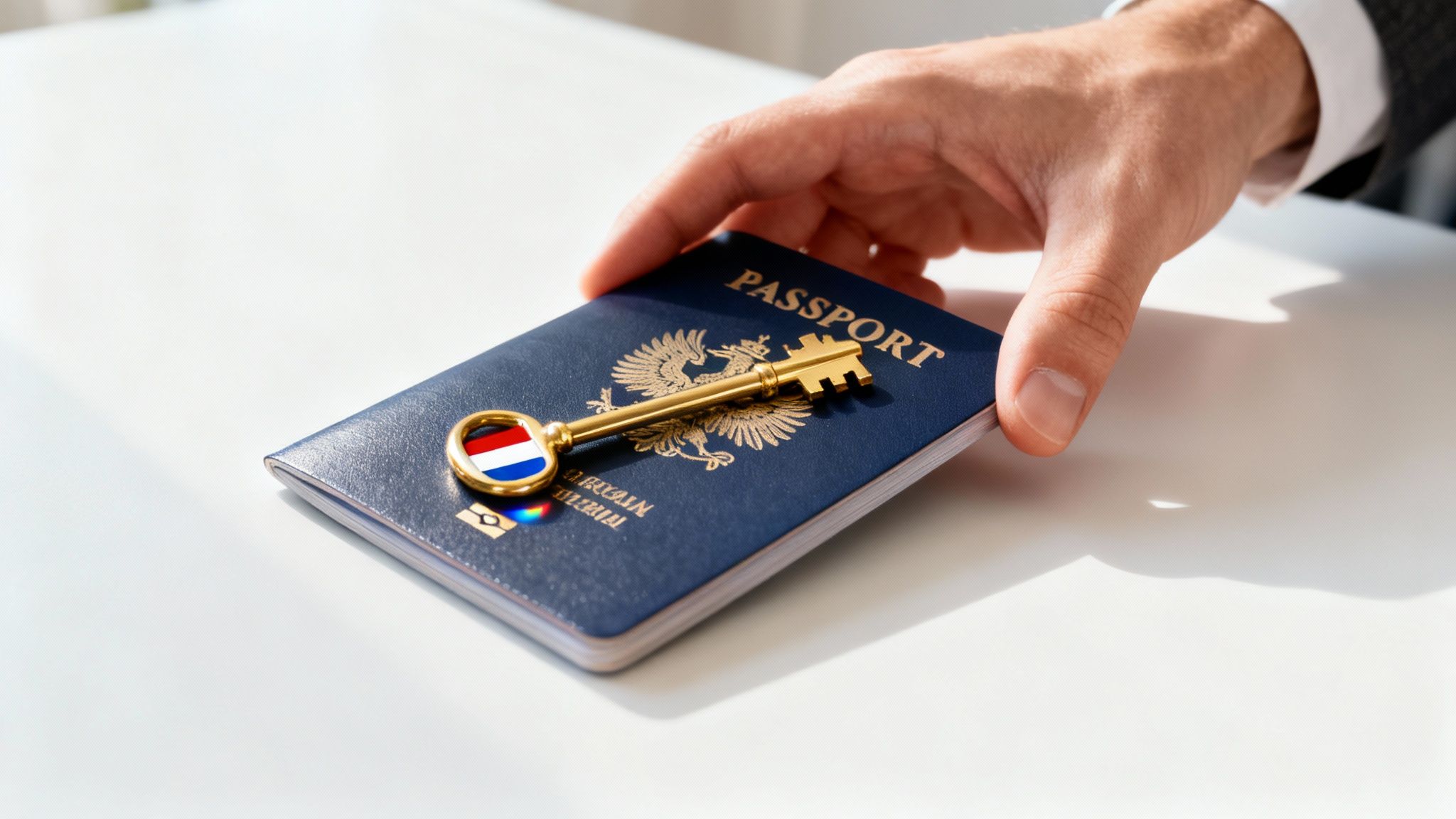 Kesek tê nîşandan ku pasaport û destûra xebatê di destê xwe de digire, û xaniyekî kanalê yê îkonîk ê Hollandî li paşxaneyê ye.