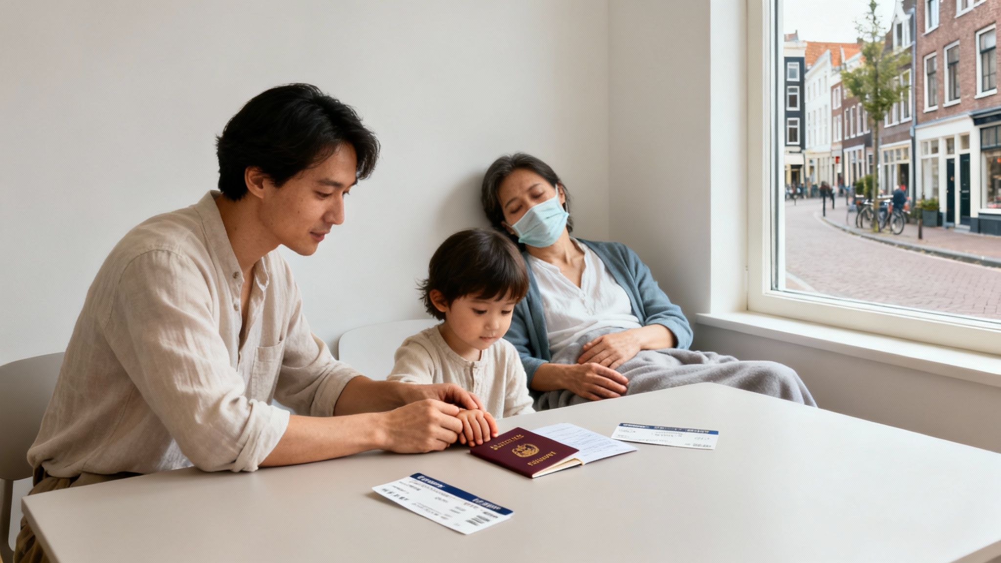 Family with passports and flight tickets at a table, a man and child looking, while a woman rests wearing a mask.