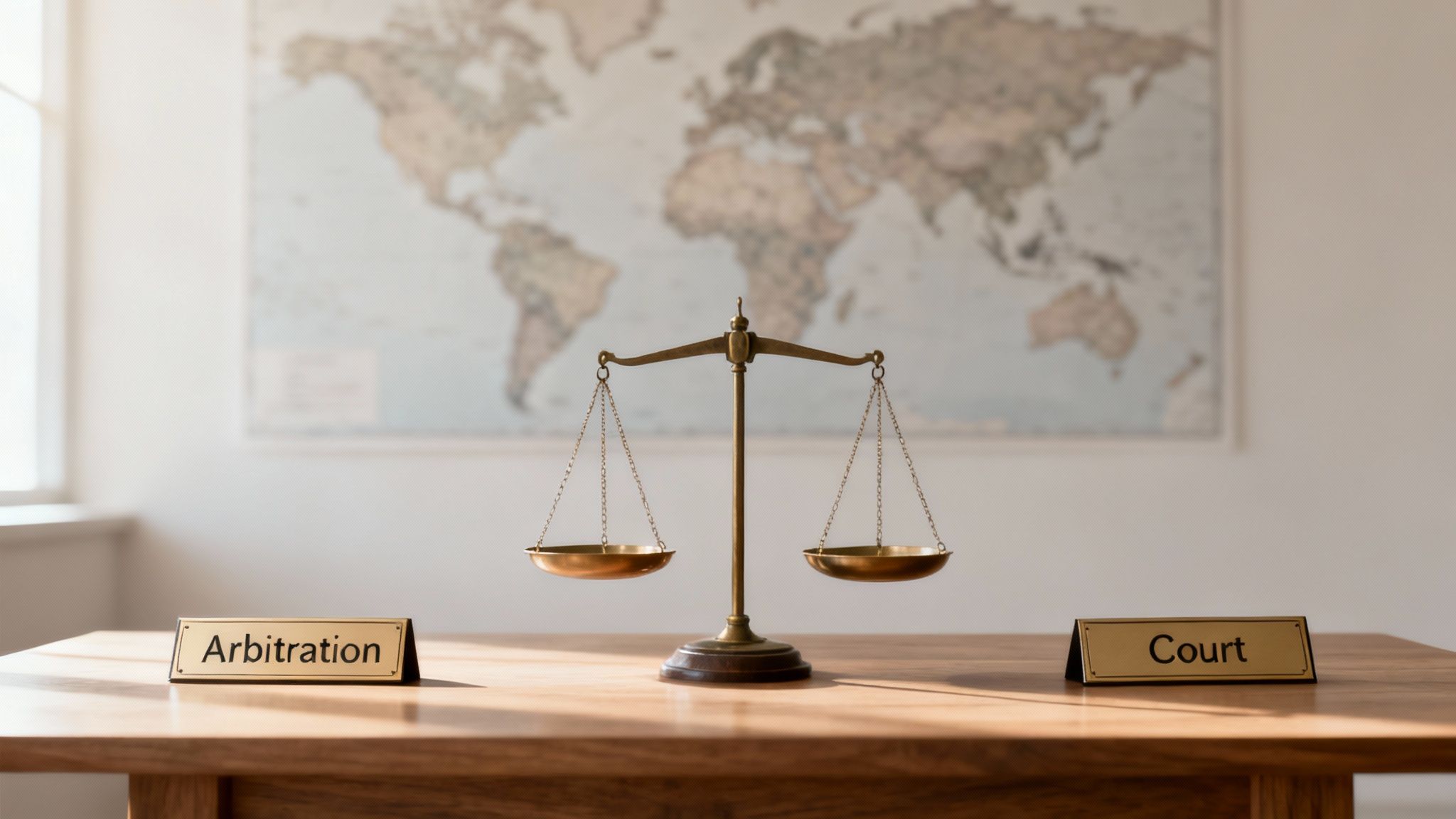 A scale of justice on a wooden desk with "Arbitration" and "Court" signs, representing legal choices globally.
