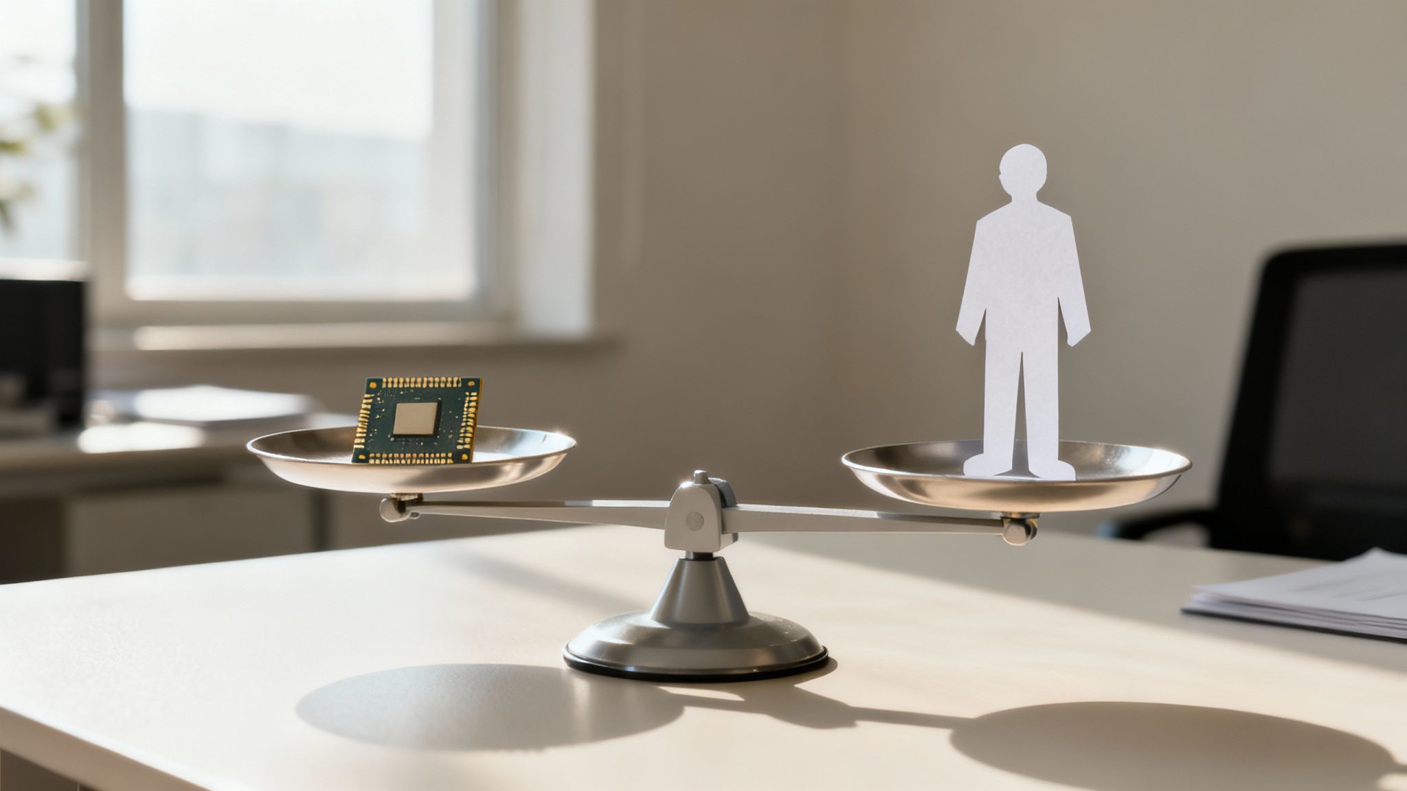 AI as your manager: can an algorithm evaluate your performance? 5 A symbolic image of scales of justice with a microchip on one side and a person on an other