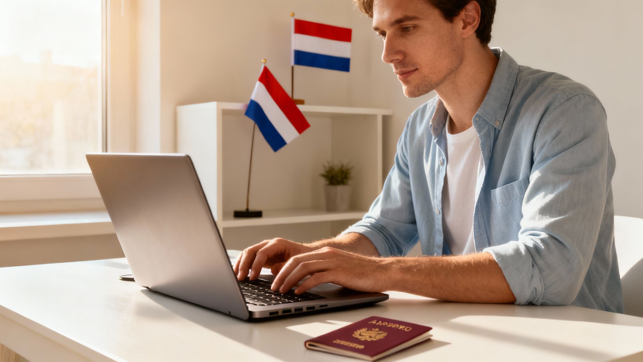 Young man typing on laptop with Dutch flags and a passport on desk.