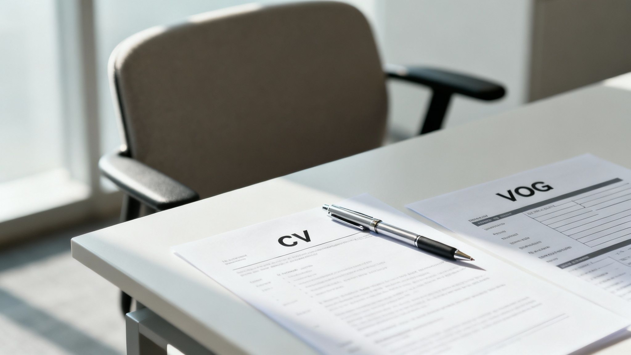 CV en VOG documenten liggen op tafel met pen, klaar voor sollicitatieprocedure en achtergrondcheck