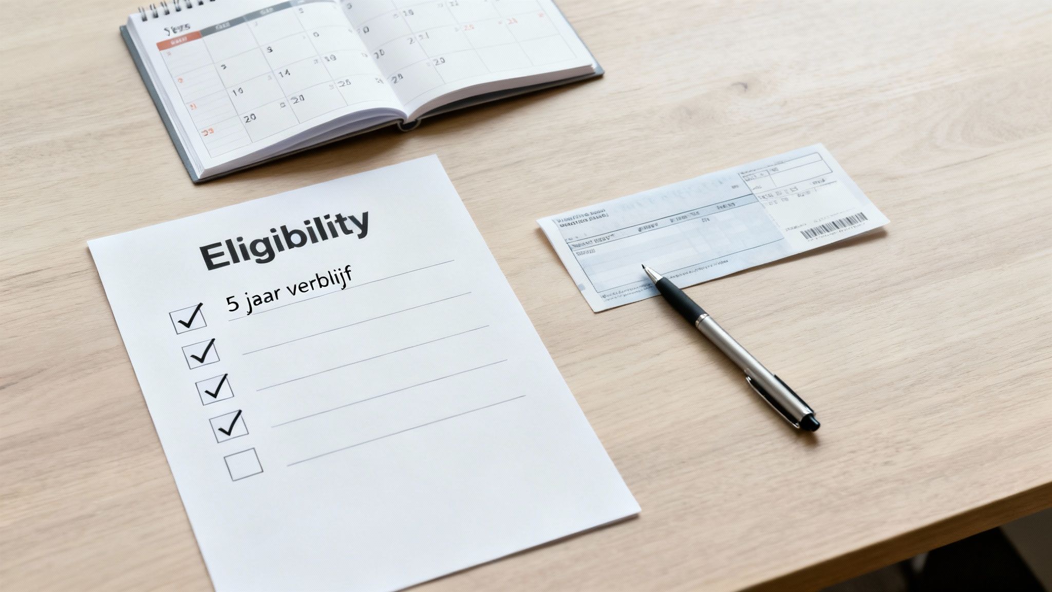 Eligibility checklist document with checkboxes and pen on wooden desk with calendar