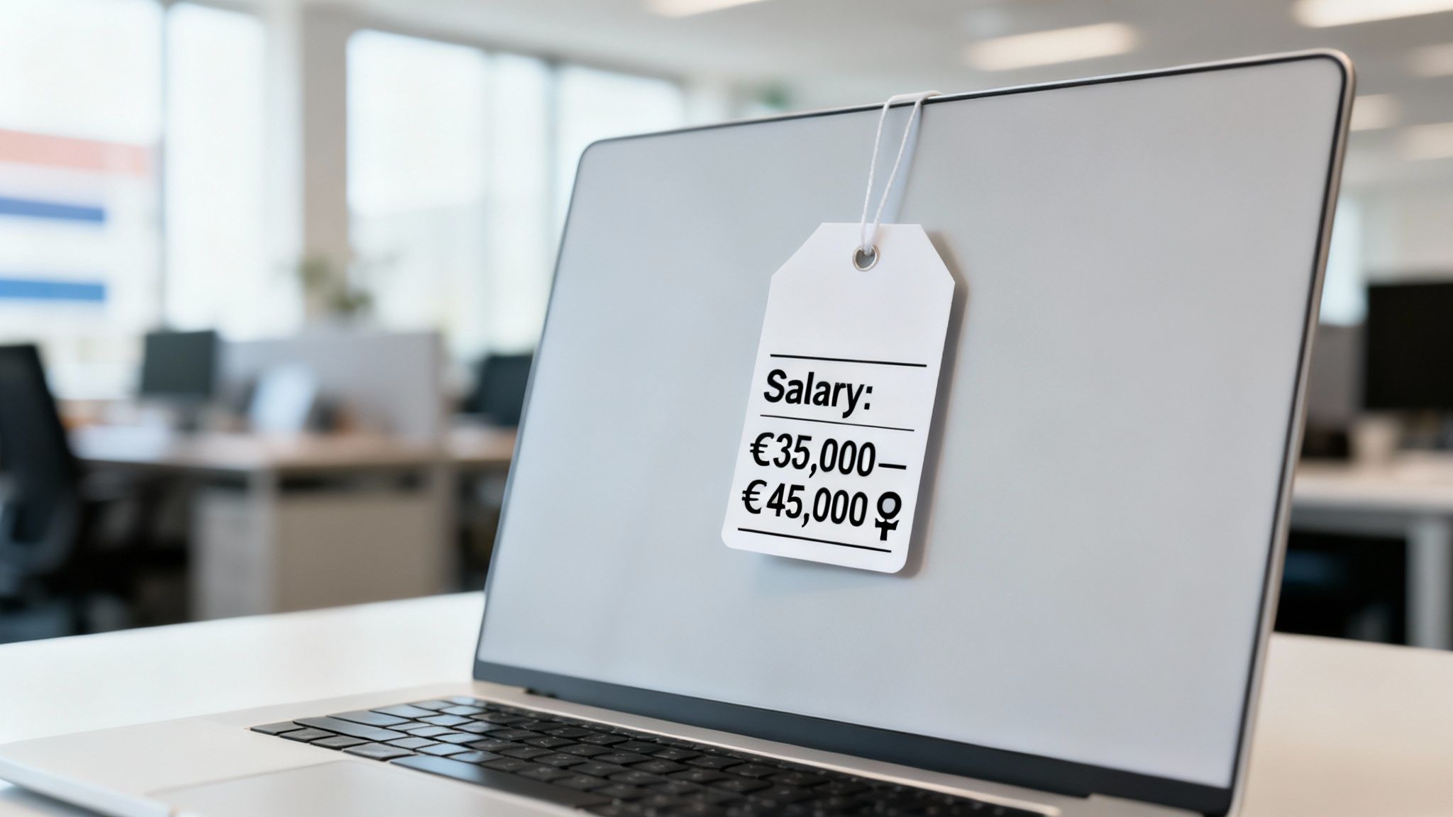 Guide to Salary Transparency Legislation: A Dutch Compliance Manual for 2026 3 A laptop screen displays a tag with salary figures of €35,000 and €45,000 for women.