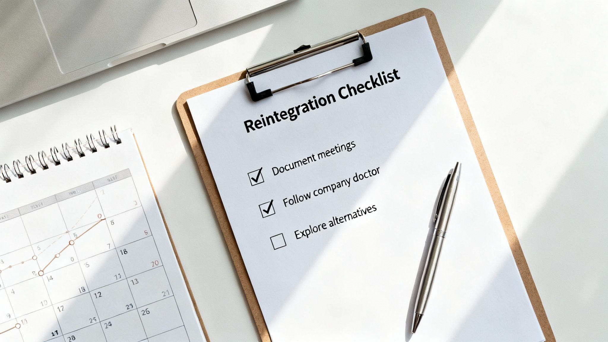 A clipboard with a 'Reintegration Checklist' showing checked and unchecked tasks, next to a calendar and laptop.