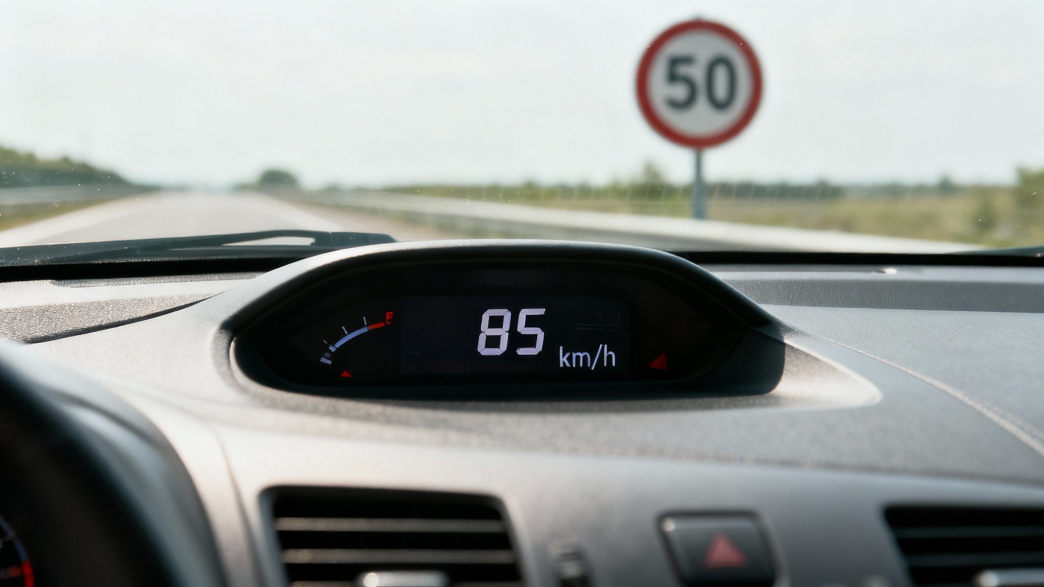 Binnenaanzicht van een auto met snelheidsmeter die 85 km/u aangeeft en een verkeersbord van 50 km/u in de verte.