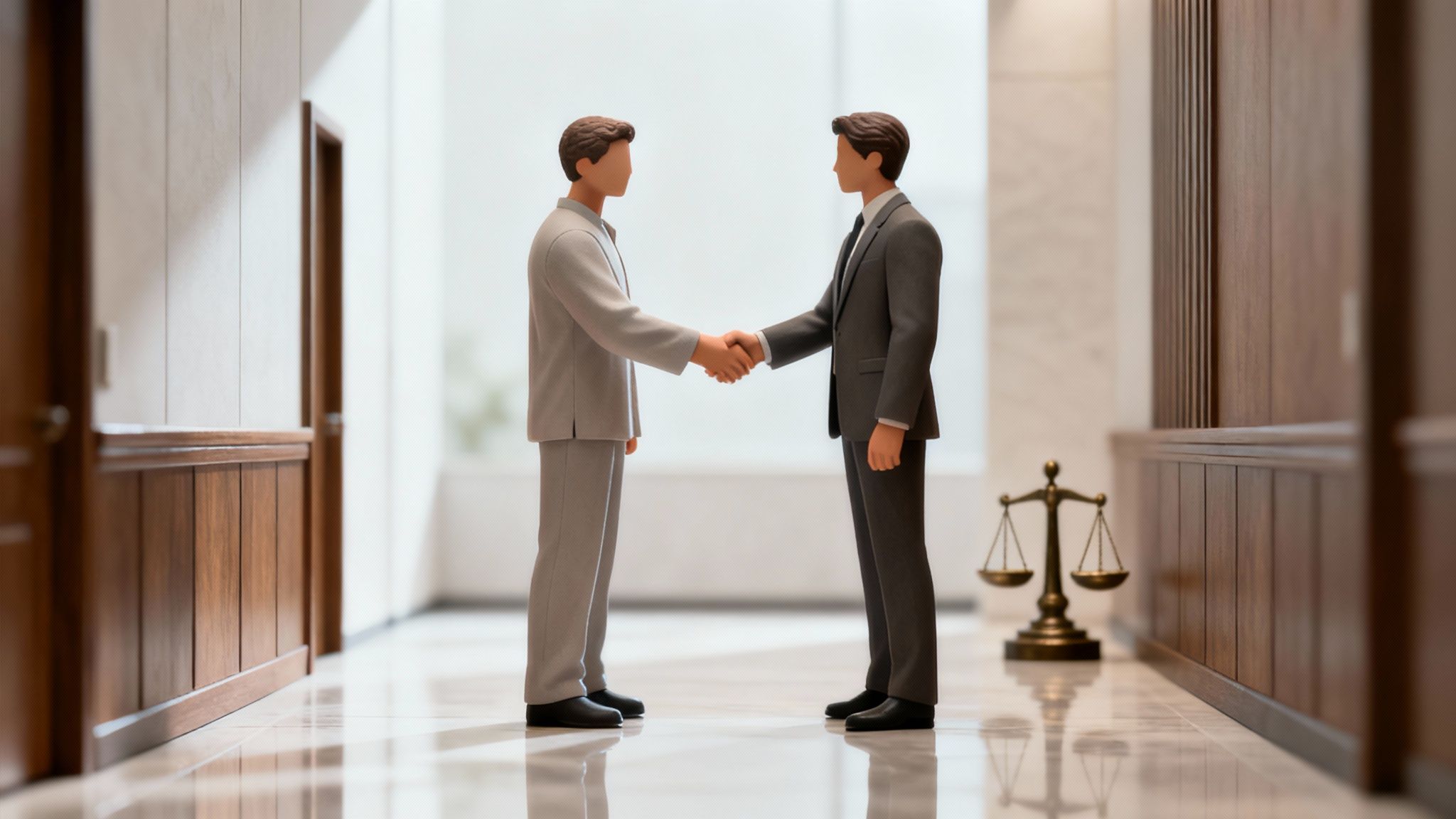 Twee mannenfiguren in pakken schudden handen, met een weegschaal van Justitie op de achtergrond, symboliseert een juridische overeenkomst.
