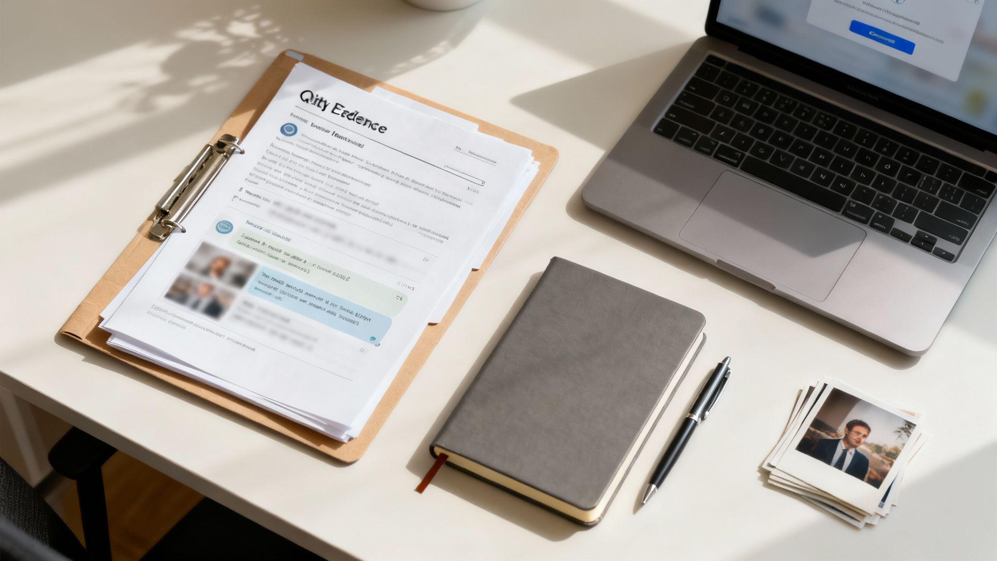 Van informele afspraken naar afdwingbare rechten: Een praktische gids 2 Bureaublad met laptop, documenten met 'Qity Evidence', notitieboekje, pen en gestapelde polaroidfoto's.