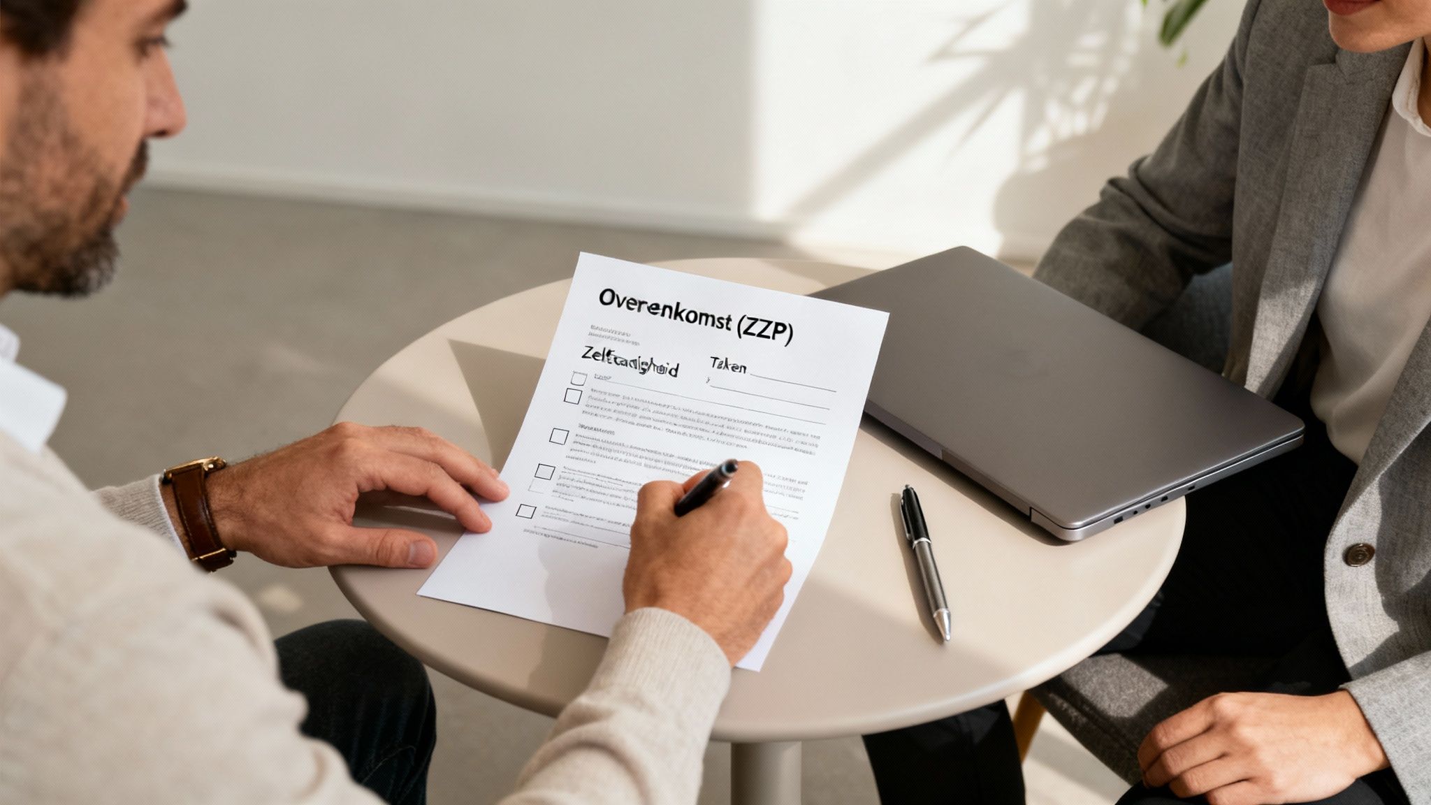 Man vult een Overeenkomst (ZZP) formulier in, zittend aan een tafel met een laptop.
