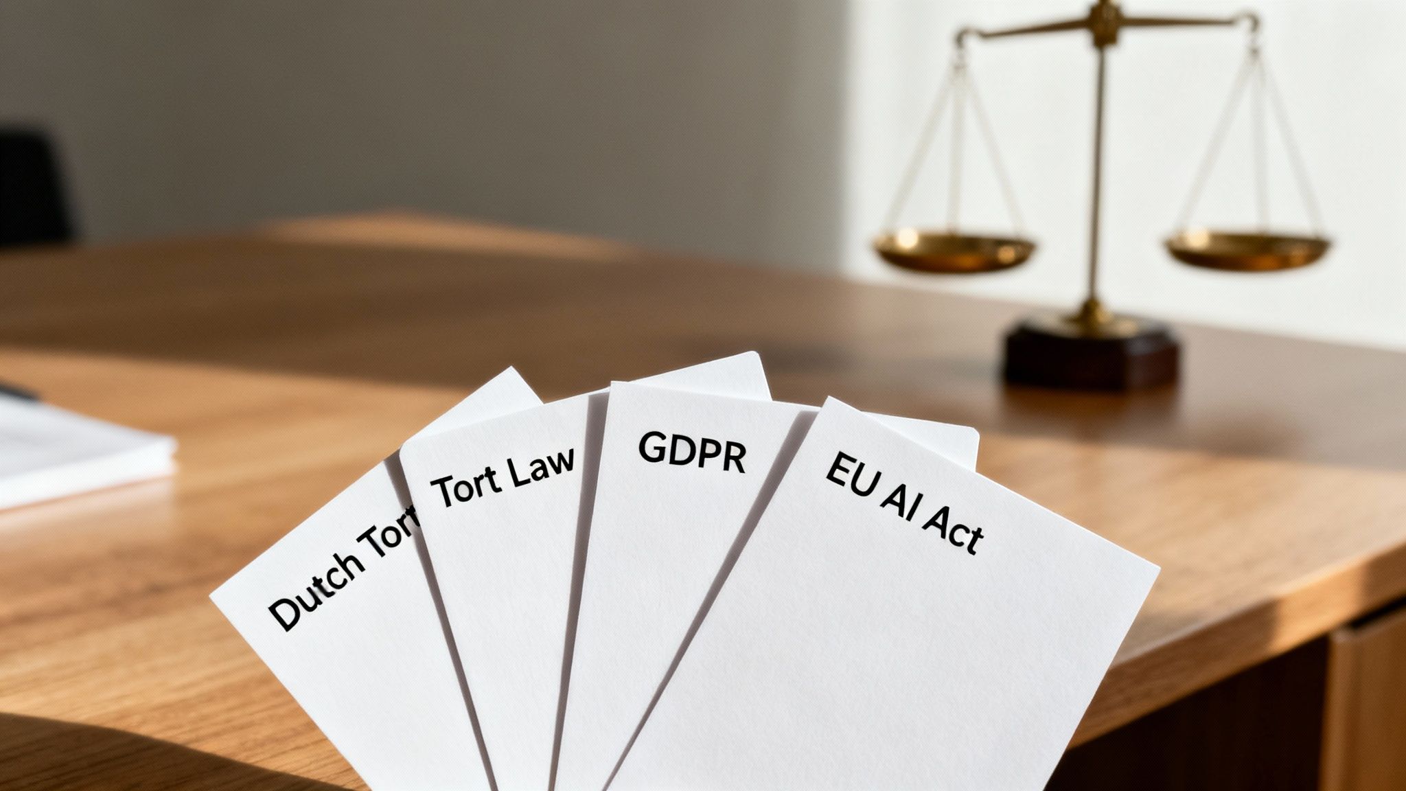 Your Firm's Guide to Algorithmic Bias Liability 2 Hand holding cards with legal terms: Dutch Tort, Tort Law, GDPR, and EU AI Act.