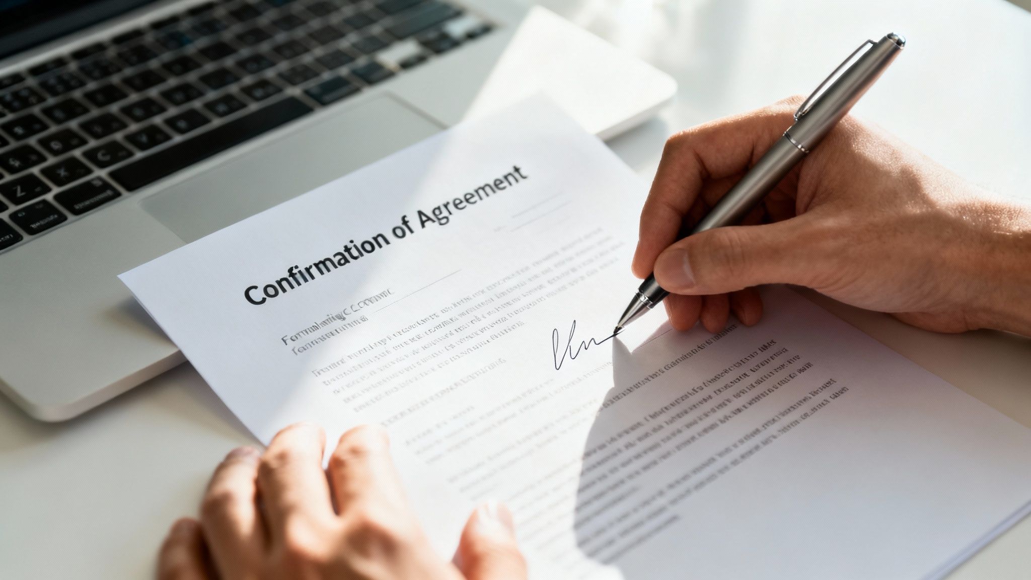 Close-up of a hand signing a document titled "Confirmation of Agreement" with a pen, next to a laptop.