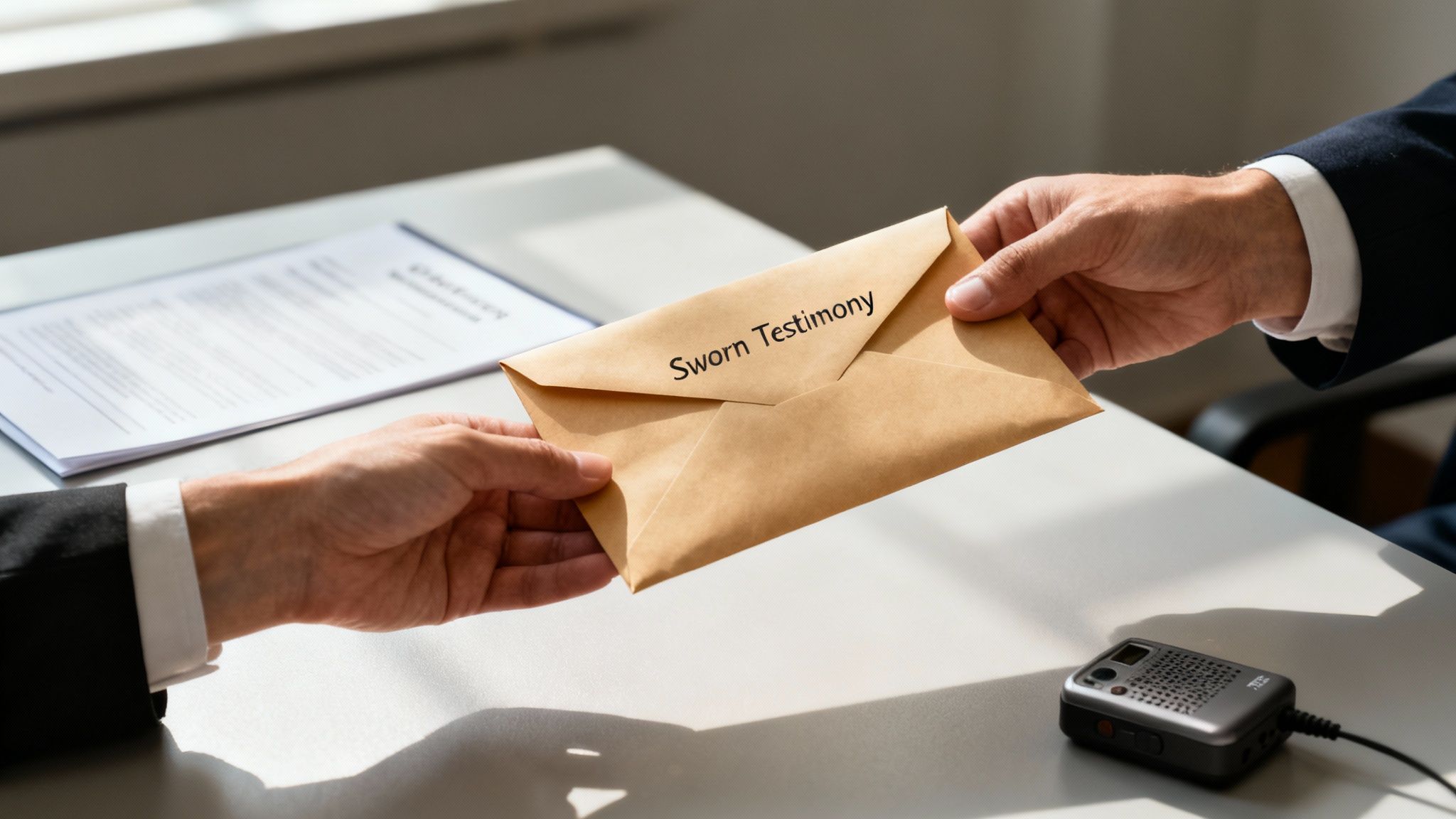 Rühm juriste arutab laua taga strateegiat, sümboliseerides varajast tõendite kogumist.