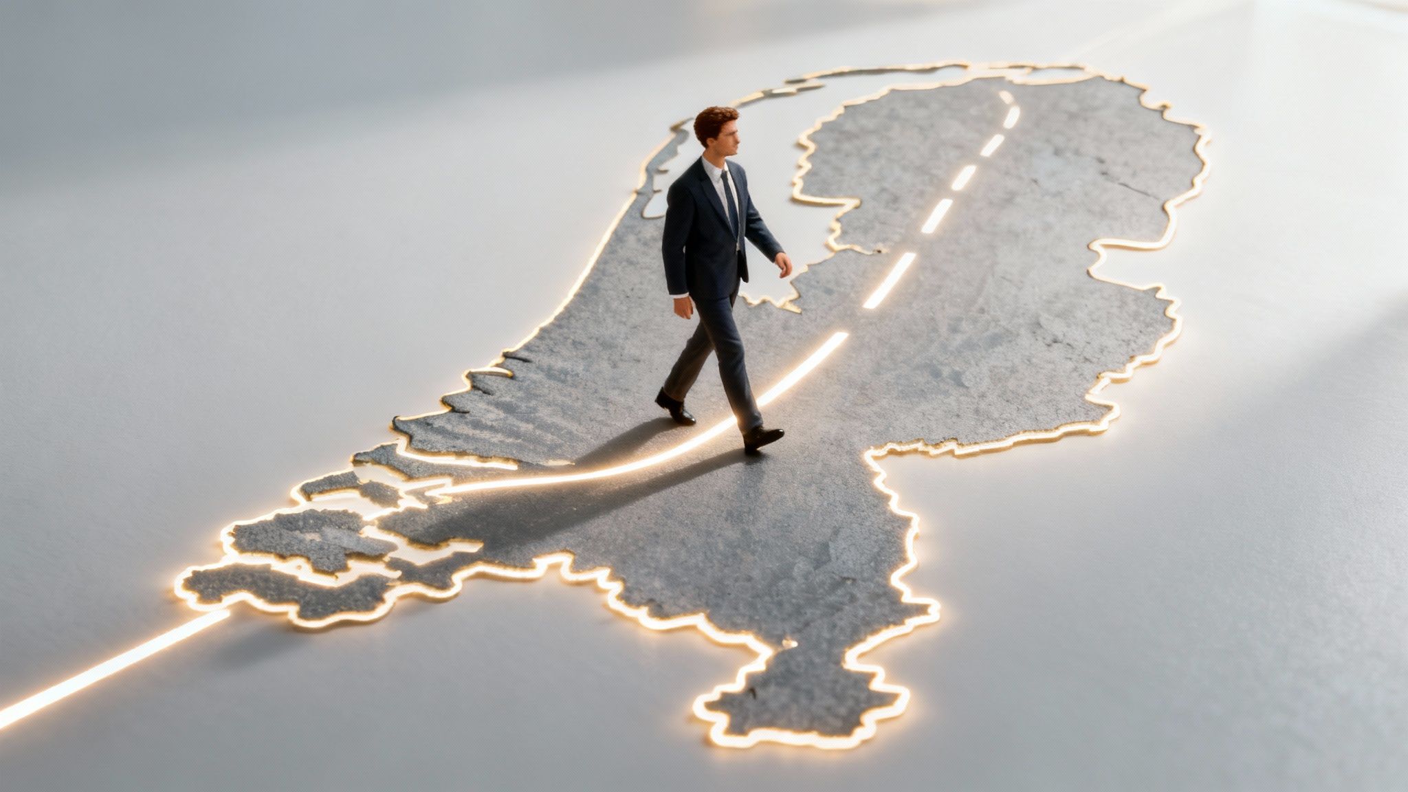 A professional working on a laptop with the Amsterdam canals in the background, representing a highly skilled migrant in the Netherlands.