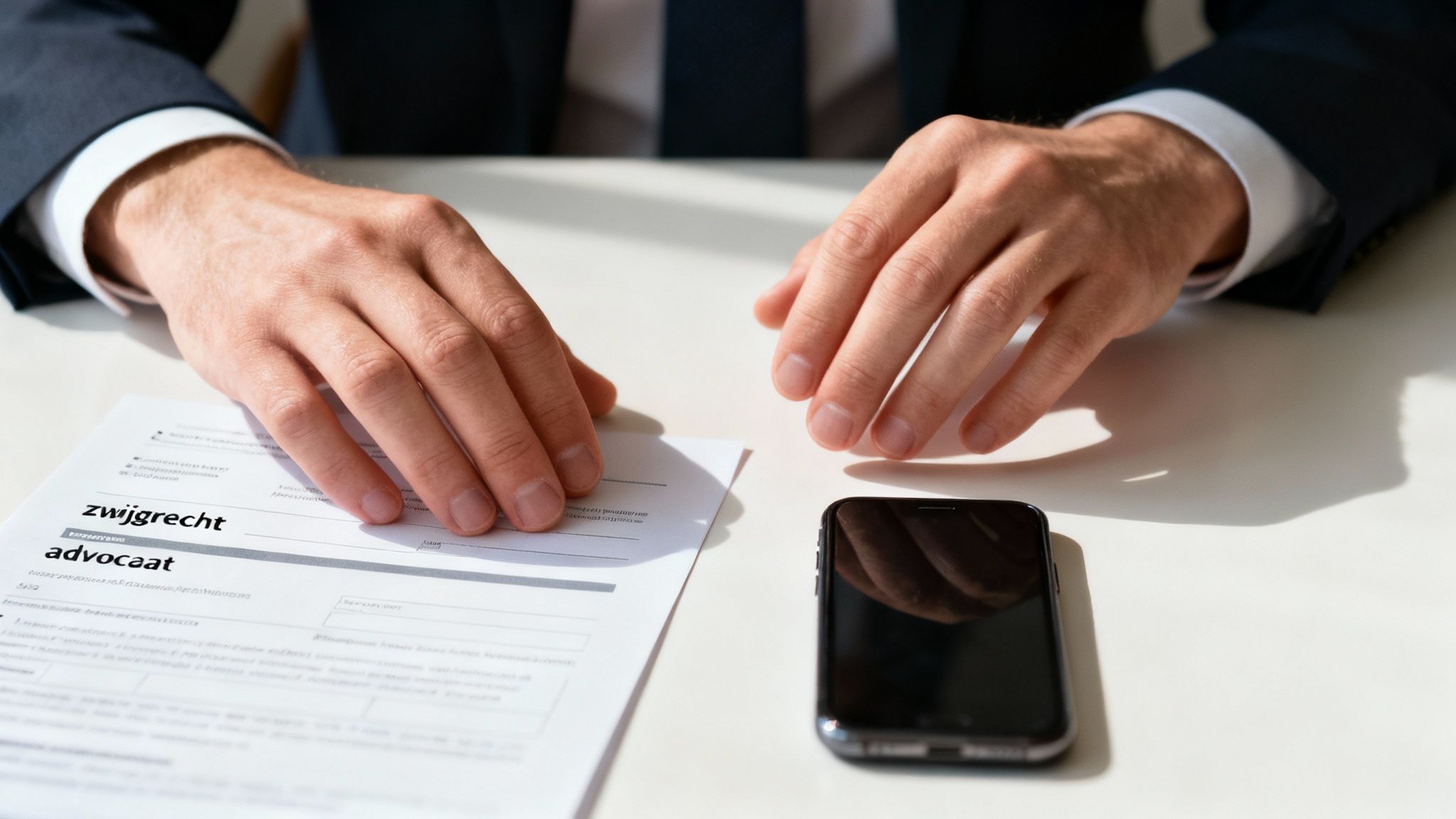 Advocaat met documenten en smartphone tijdens juridisch consult met verdachte cliënt