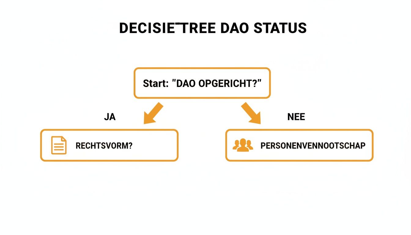 Een gids voor DAO's en Nederlands vennootschapsrecht 1 Beslissingsboom voor de status van een DAO, met vragen over oprichting en rechtsvorm, of een personenvennootschap.