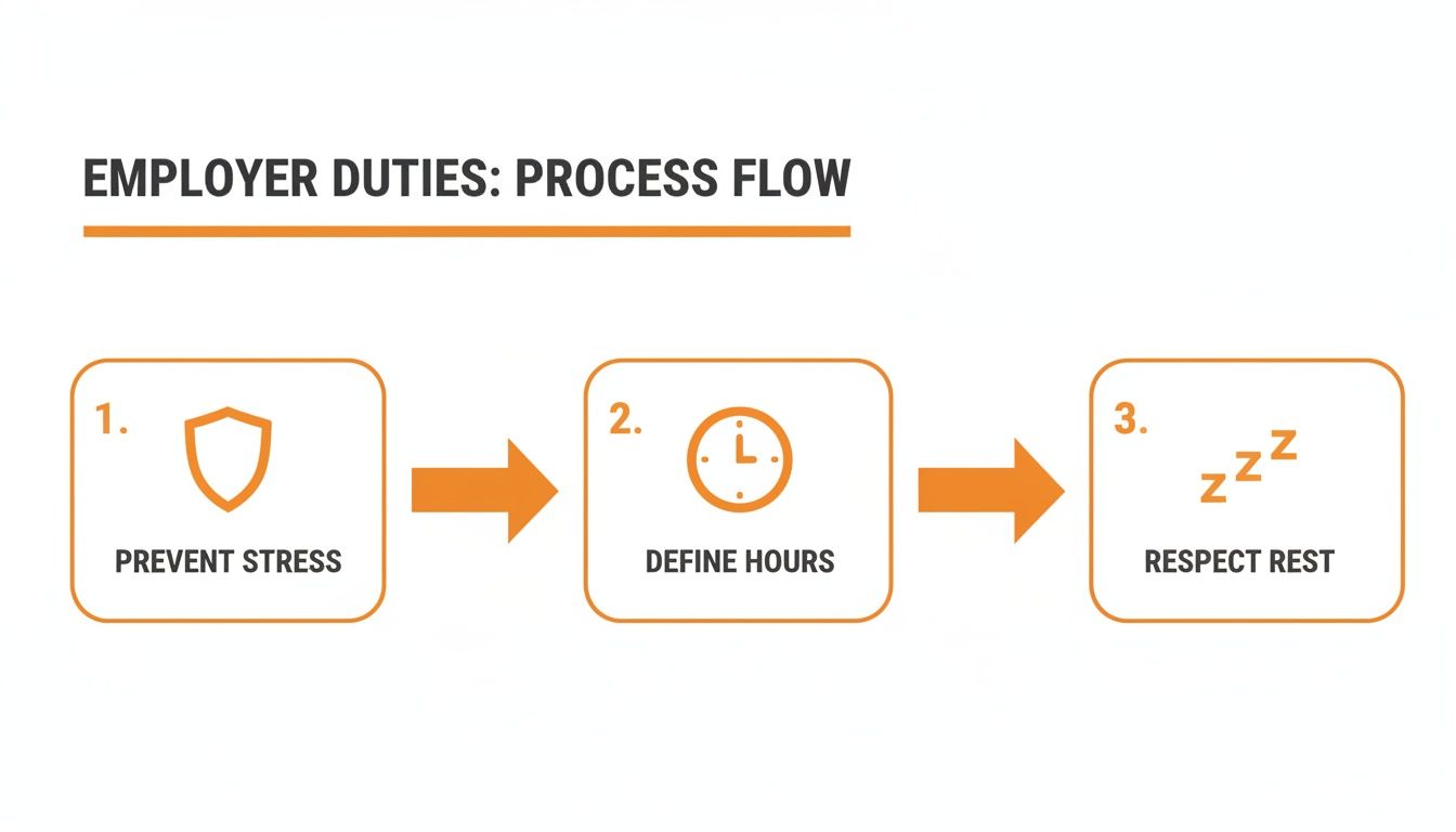 A three-step process flow outlining employer duties: prevent stress, define hours, and respect rest.