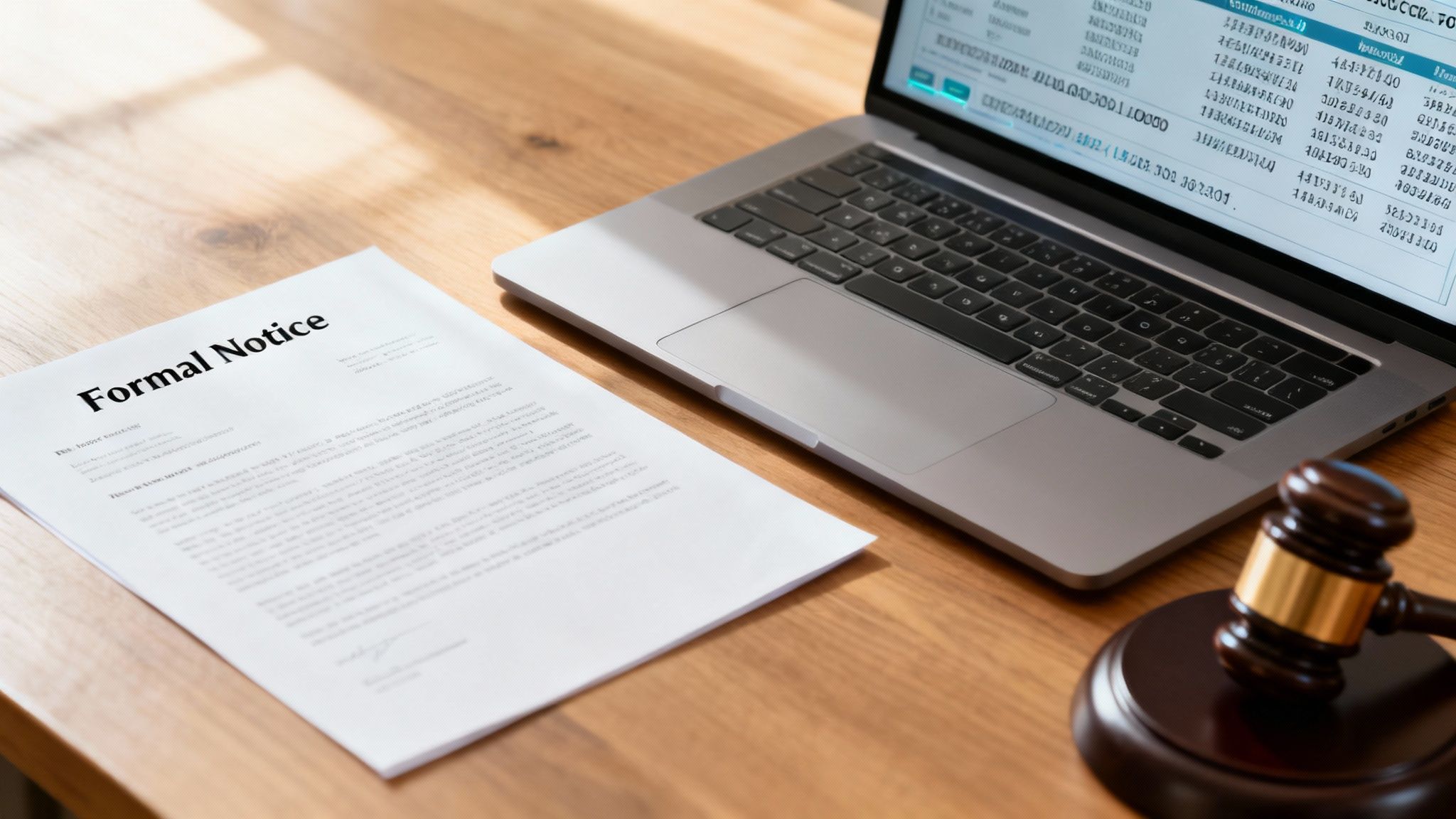 NFT Ownership Rights in the Netherlands: A Legal Guide 5 A formal notice document, a laptop displaying data, and a judge's gavel on a wooden desk.