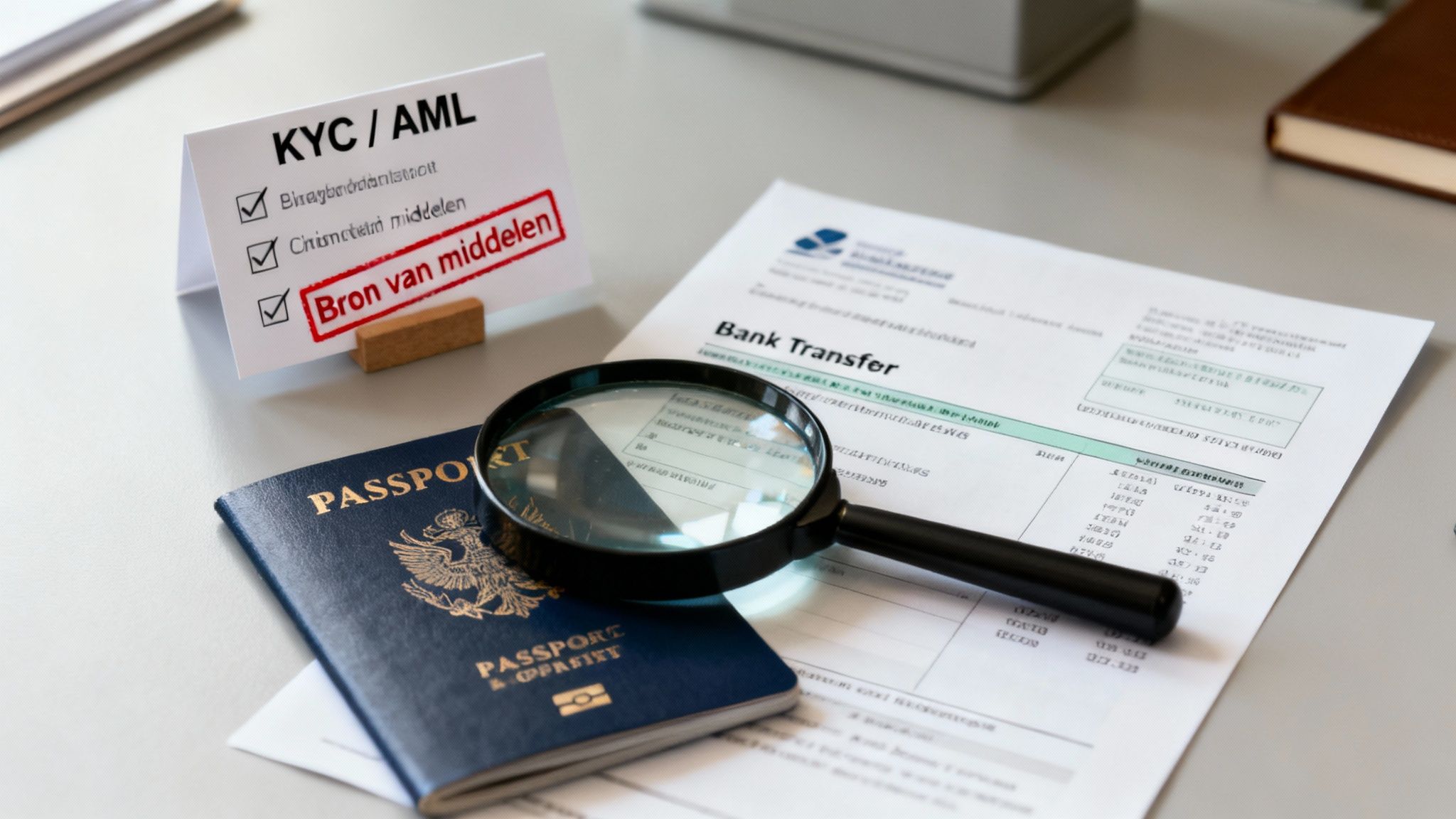 Startup Funding Round: de Juridische Checklist voor een Vlotte Financiering 3 Een checklist voor KYC/AML met 'Bron van middelen' gemarkeerd, een paspoort, vergrootglas en bankafschrift liggen op tafel.