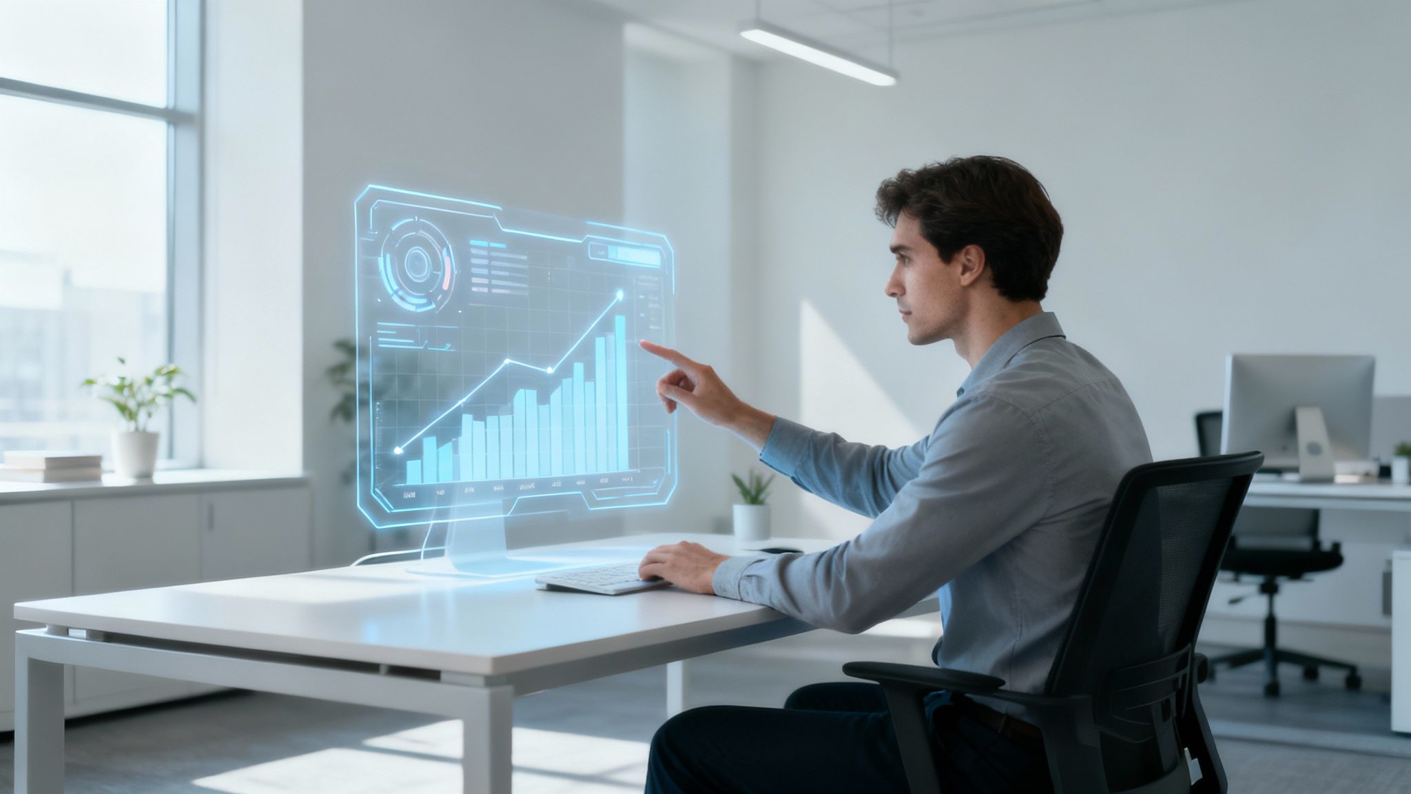 Een modern kantoor waar een manager en werknemer data op een scherm analyseren