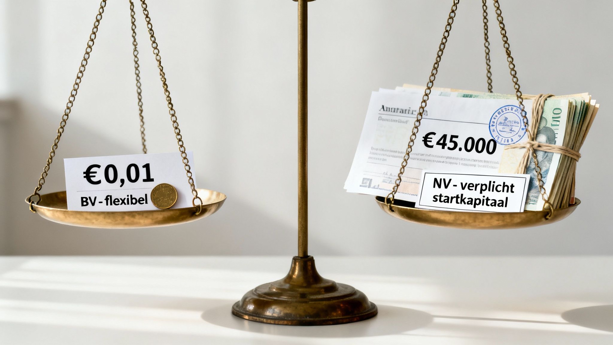 Een balansweegschaal toont het verschil in startkapitaal tussen een flexibele BV (€0,01) en een NV (€45.000).