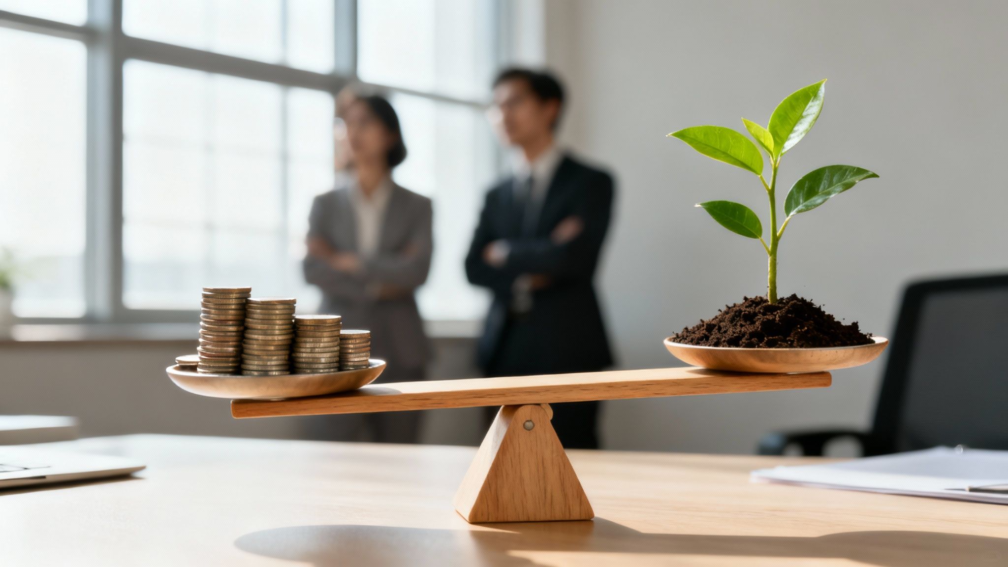 A balance scale with stacked coins on one side and a growing plant on the other, symbolizing corporate sustainability.