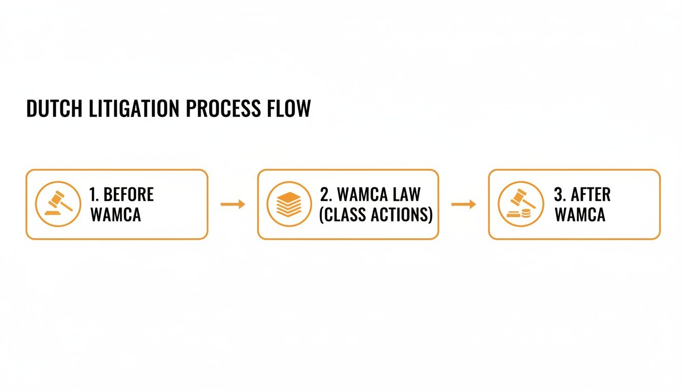 Flowchart illustrating the Dutch litigation process, showing steps before, during (WAMCA Law class actions), and after WAMCA.