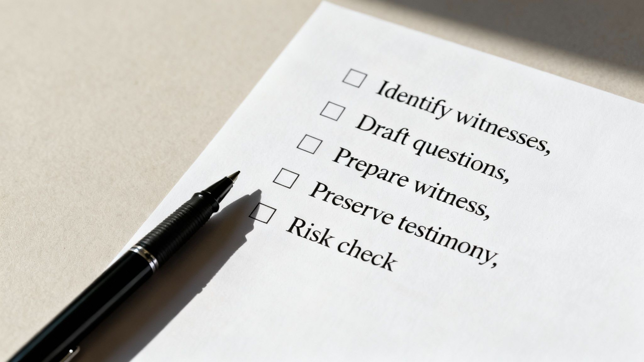 Inimene, kes kirjutab pastakaga kontrollnimekirja, sümboliseerides hoolikat juriidilist ettevalmistust.