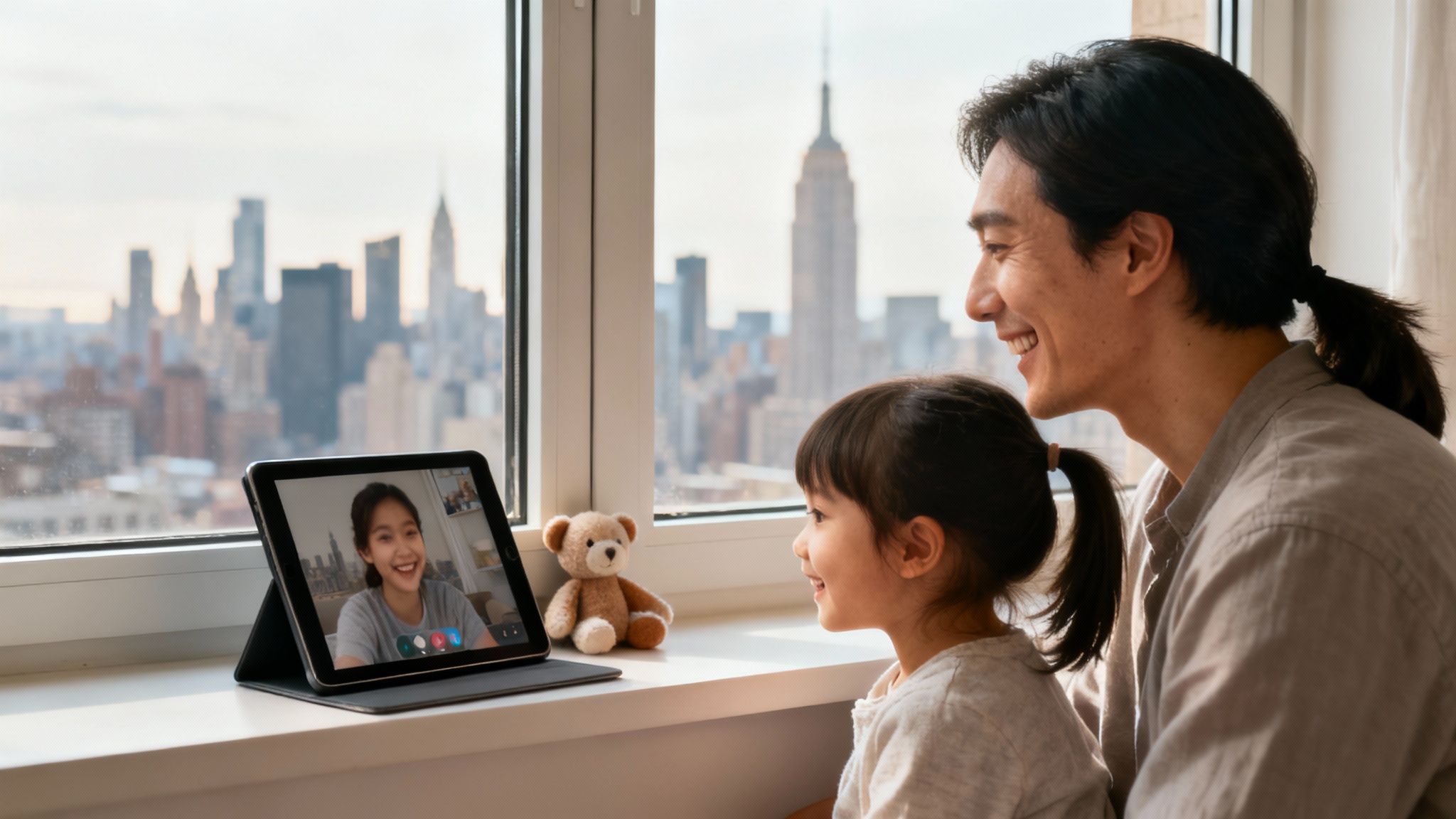Een ouder en een kind die via een laptop videobellen, wat de uitdagingen en oplossingen van contact op afstand symboliseert.