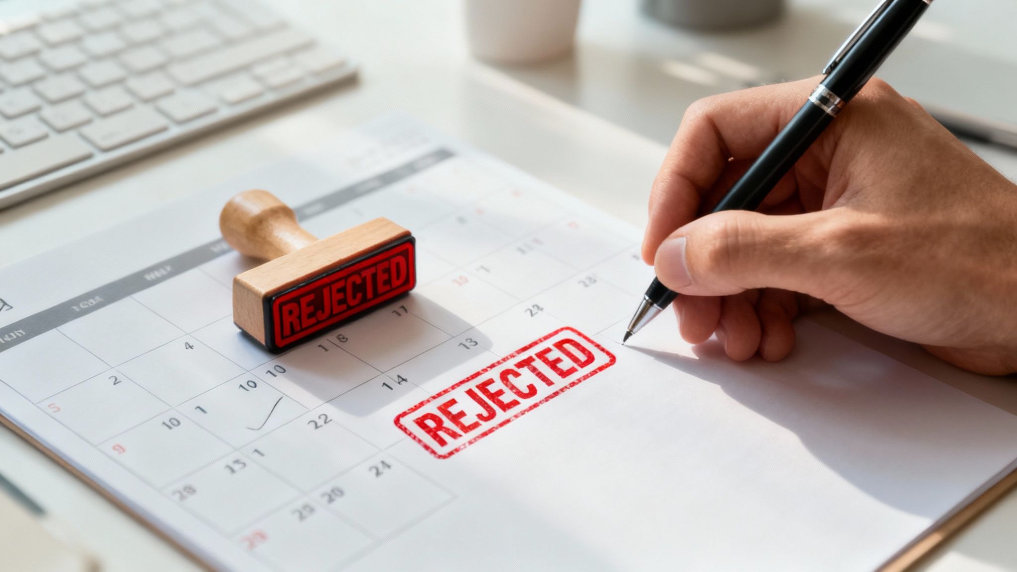 Hand holding pen next to rejected stamp on document with calendar in background