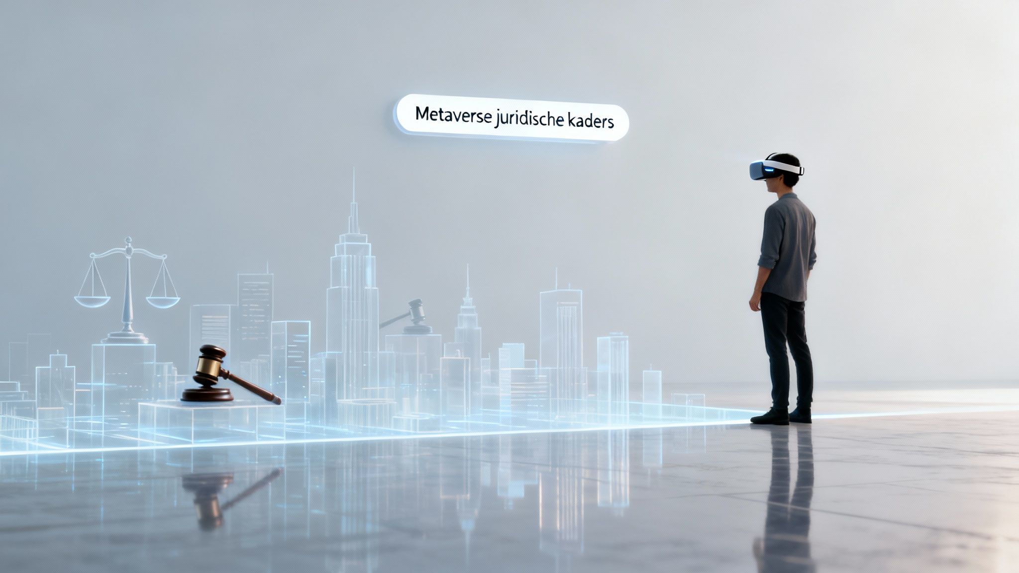Metaverse Juridische Kaders: Een Complete Gids voor Nederlandse Bedrijven 2 Man met VR-headset bekijkt holografische stad met rechtssymbolen en de tekst 'Metaverse juridische kaders'.