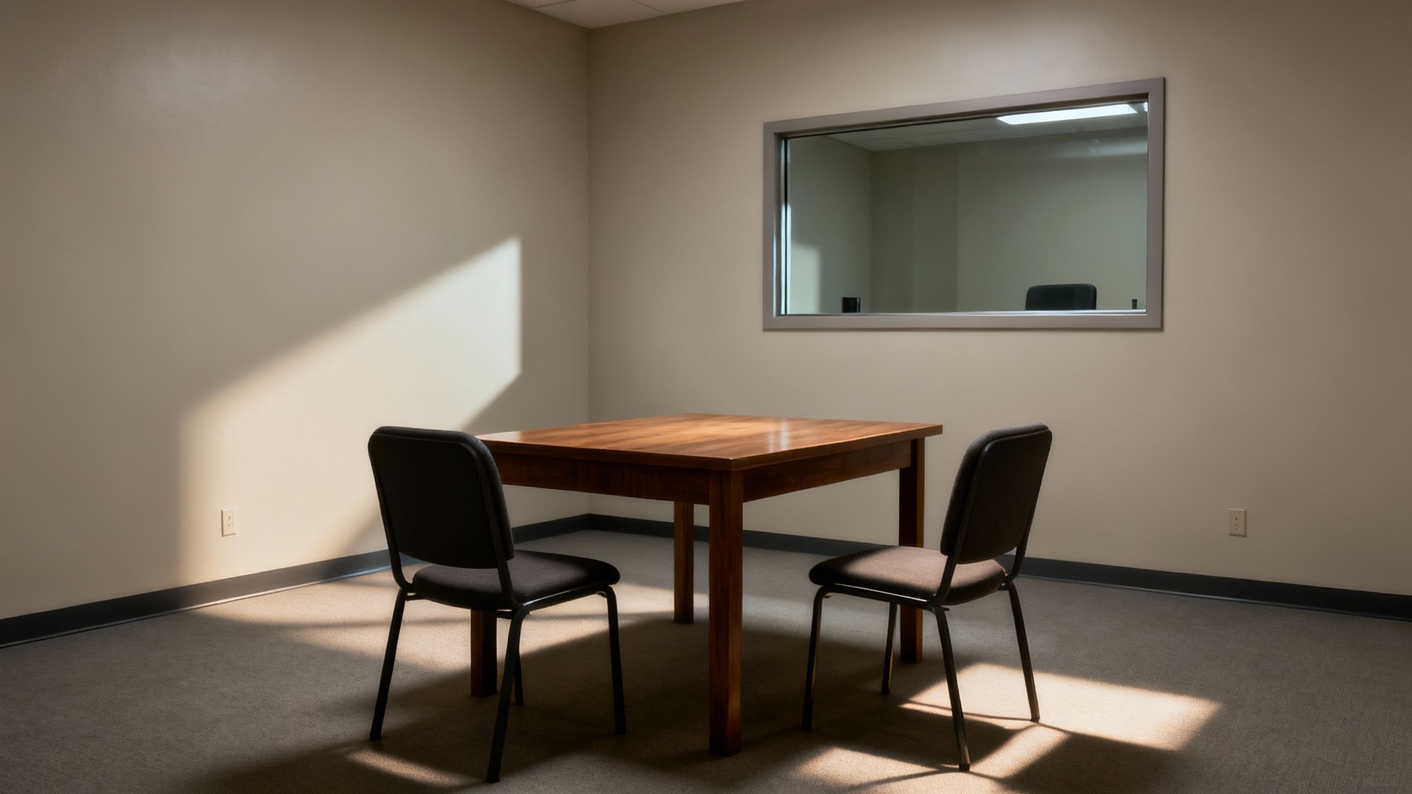 Lege verhoorkamer met houten tafel, twee stoelen en observatievenster aan de muur