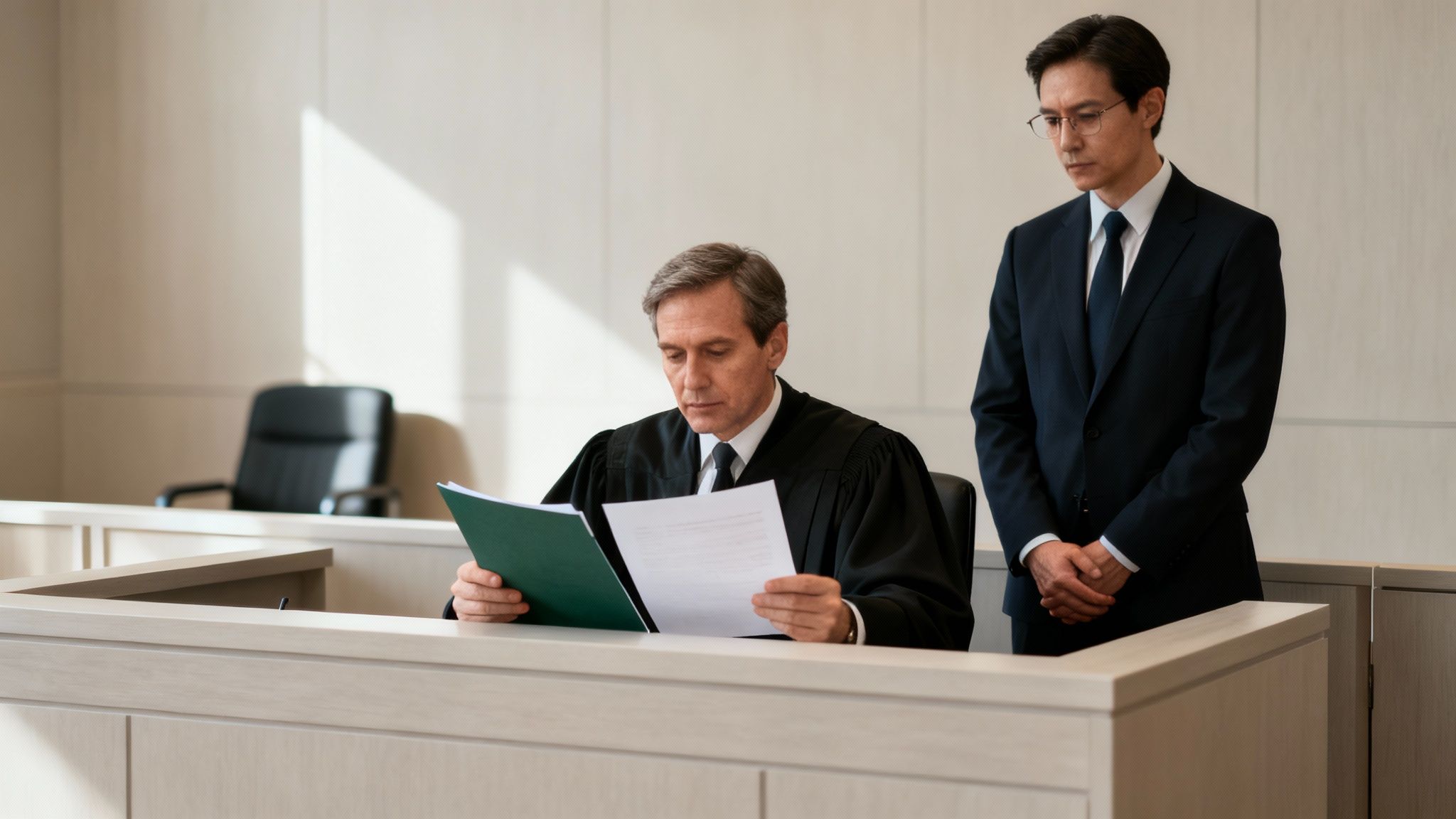 Withdrawing Your Statement as complainant or witness in a Criminal Case 4 A judge in a black robe reads documents at a court bench, with a man in a suit standing.