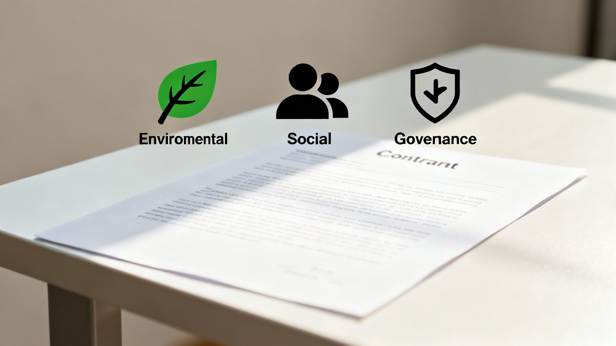 Drie pictogrammen die de componenten van ESG vertegenwoordigen: een blad voor milieu, mensen voor sociaal en een tandwiel voor bestuur.