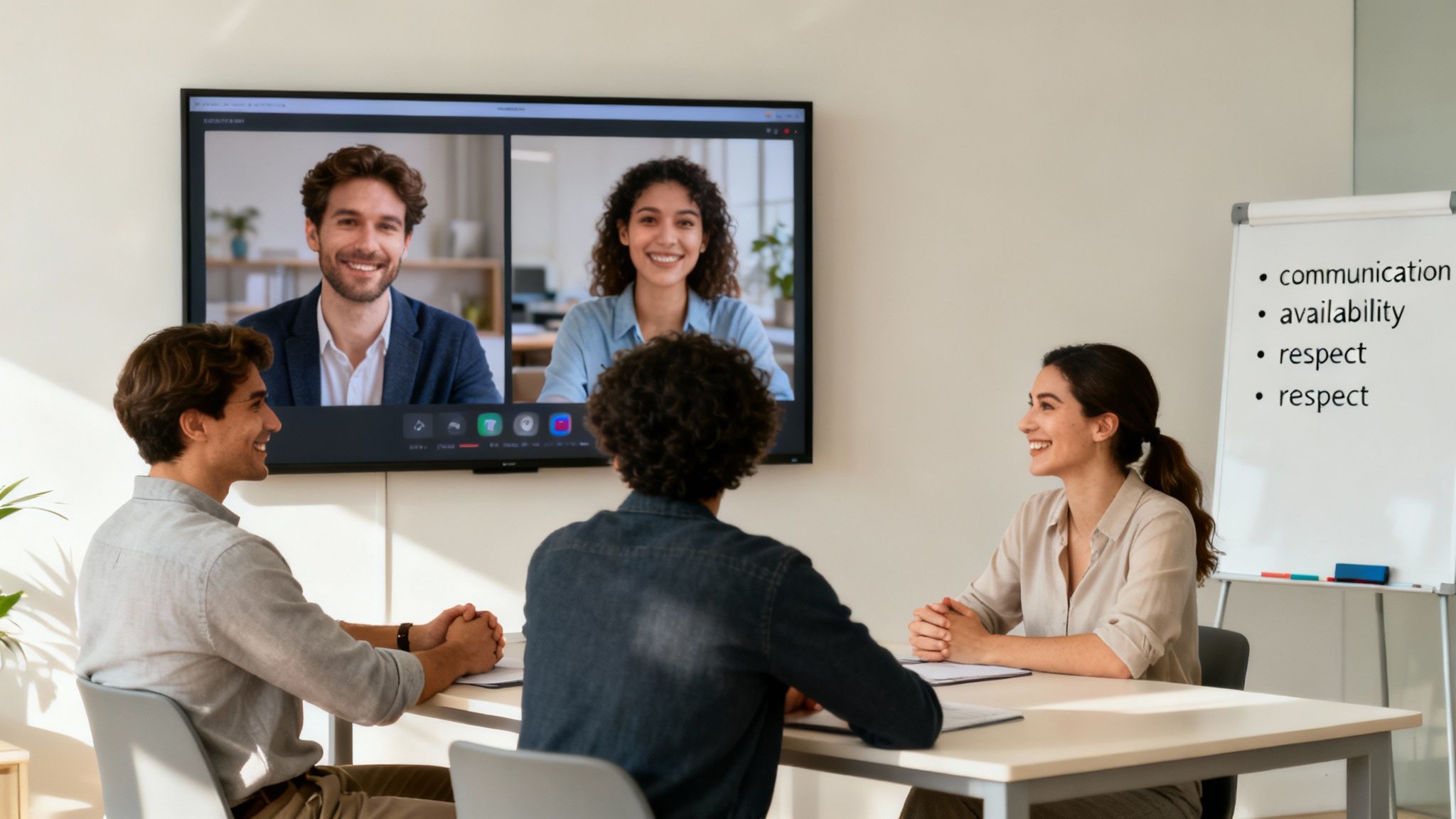 Өсімдіктер бар жарқын, заманауи кеңсе кеңістігінде бірге жұмыс істейтін, күлімсіреп және бірлесіп жұмыс істейтін әртүрлі әріптестер тобы.