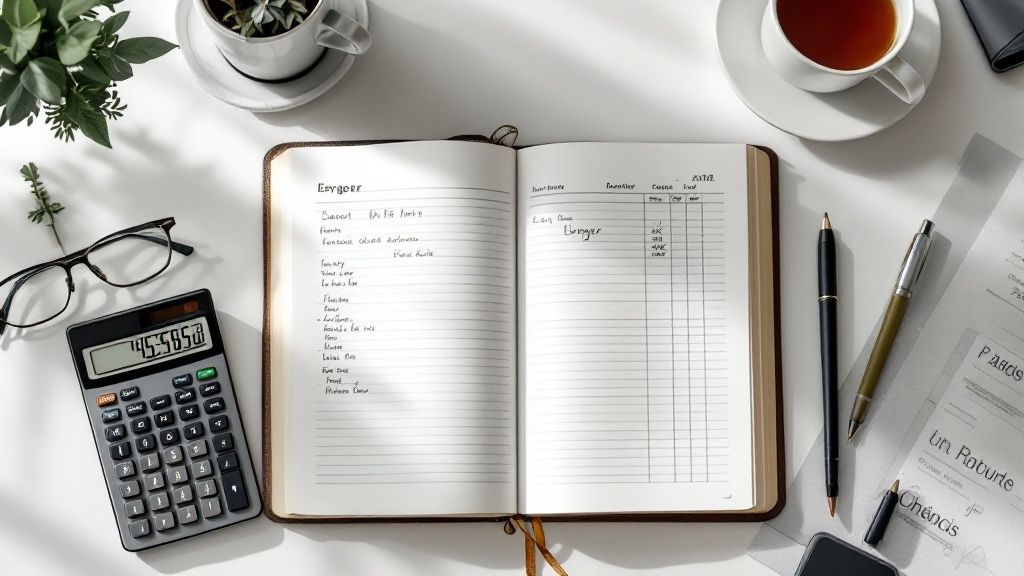 Iemand die financiële documenten en facturen ordent aan een bureau