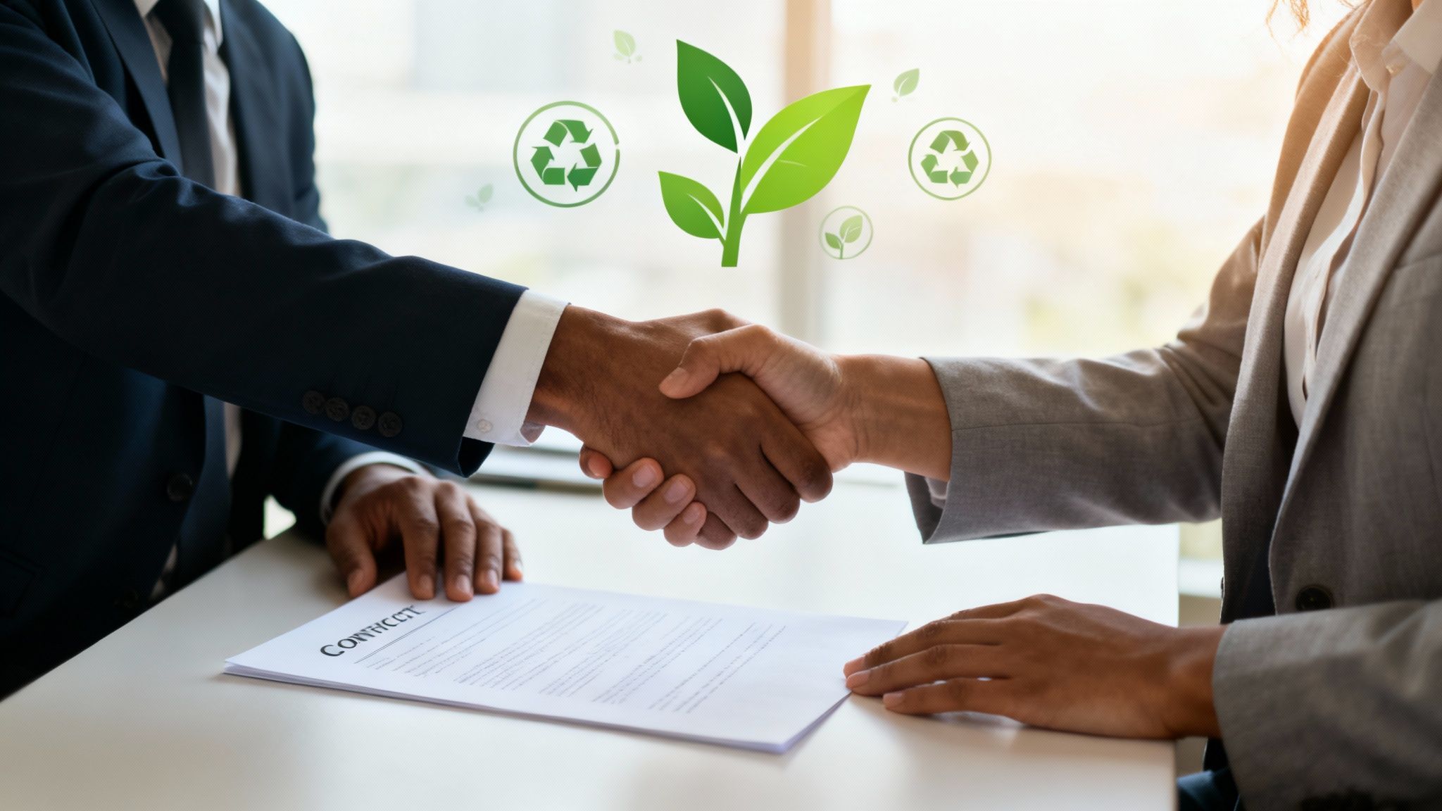 Een zakelijke professional analyseert documenten met een achtergrond van stedelijke en natuurlijke landschappen, wat de integratie van ESG in bedrijfsstrategieën symboliseert.