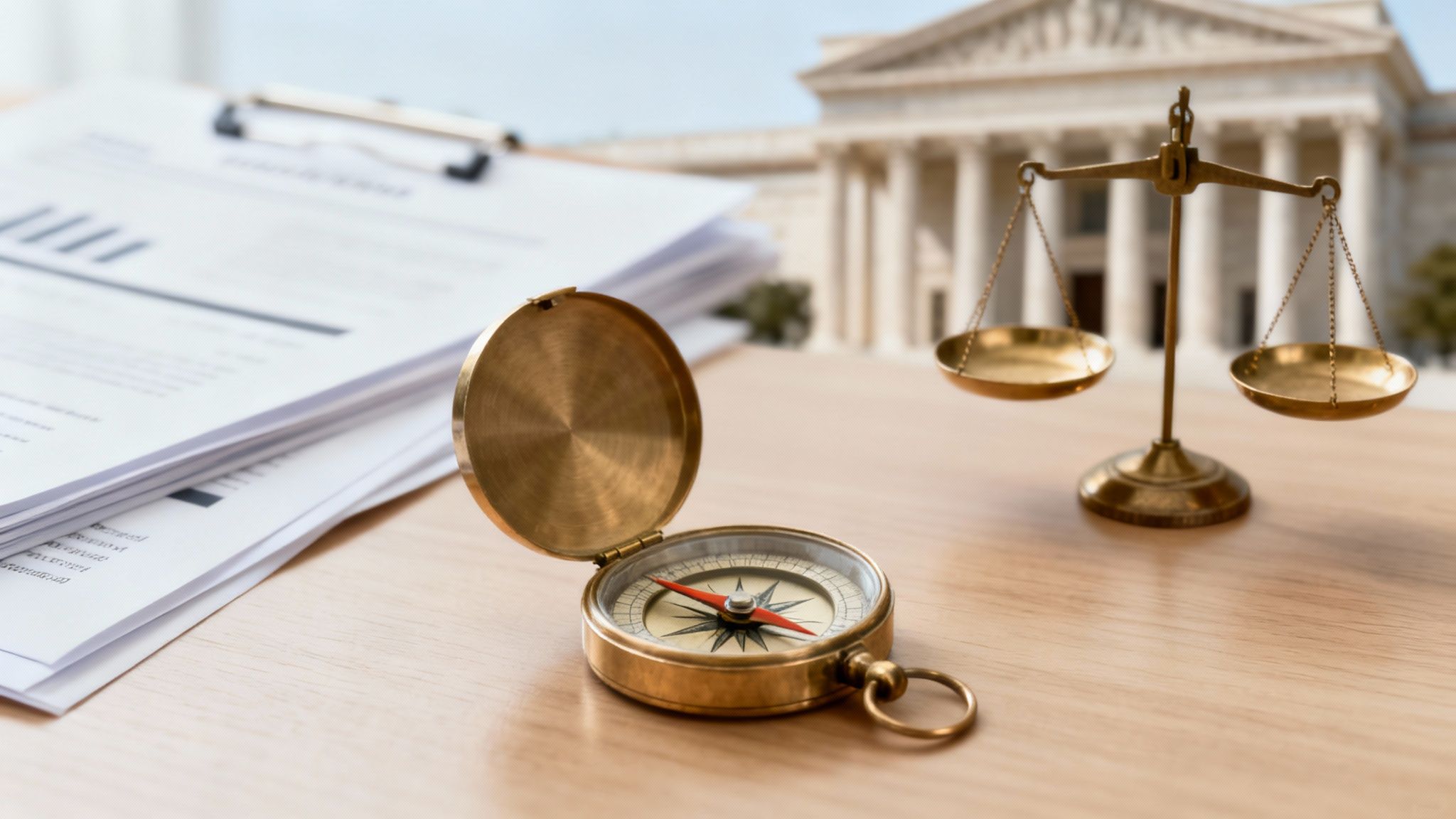 De spanning tussen aandeelhoudersbelang en vennootschapsbelang: hoe navigeert u als bestuurder of aandeelhouder? 1 Een open messing kompas en een weegschaal van Justitie op een houten bureau, met documenten en een gerechtsgebouw op de achtergrond.