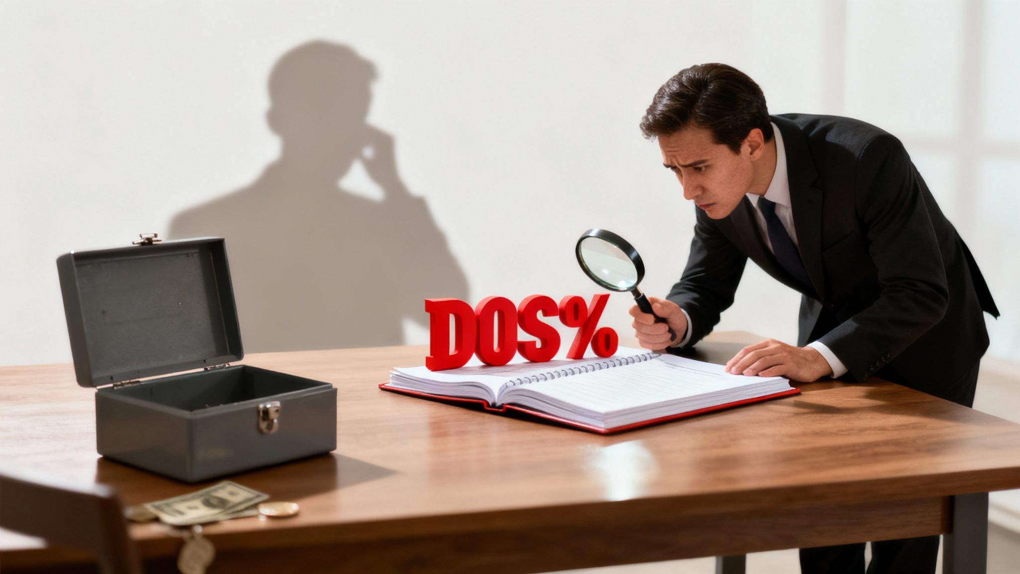 Director reviewing paperwork at a desk, looking stressed, symbolizing the scrutiny of insolvency.