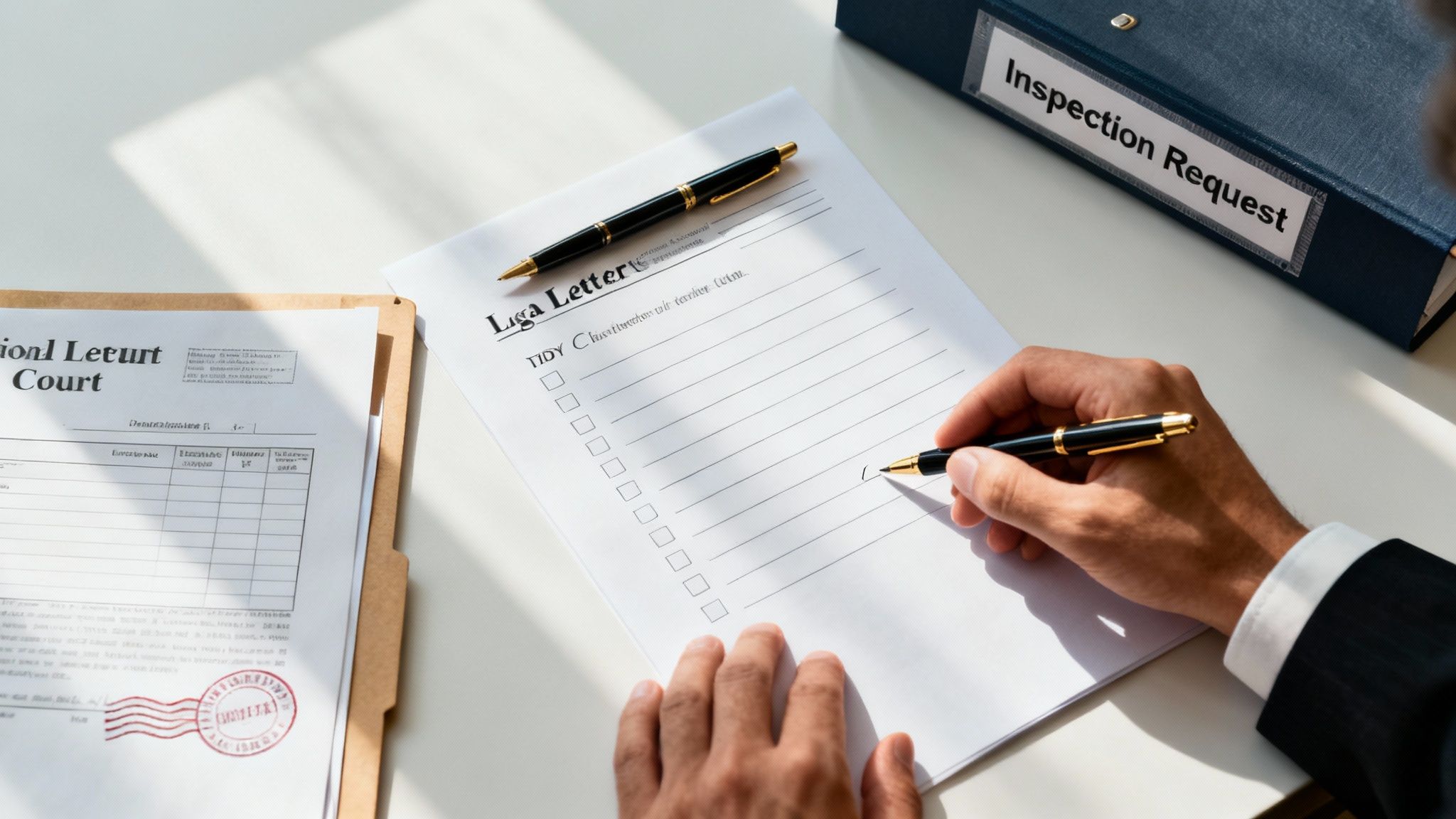 Laua taga olev inimene vaatab kontrollnimekirjaga dokumente üle, mis esindab strateegilist juriidilist protsessi.