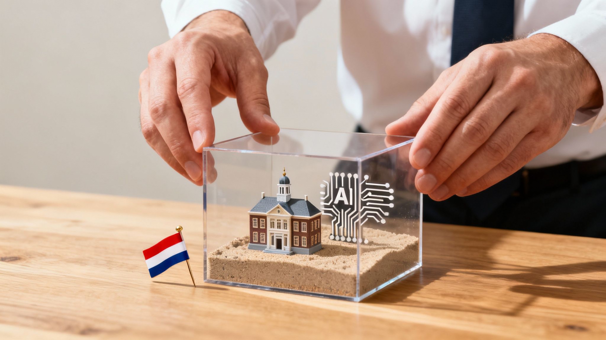 Navigating Metaverse Legal Frameworks in the Netherlands and EU 4 A person places a clear box with a miniature building and an AI logo on sand next to a Dutch flag.