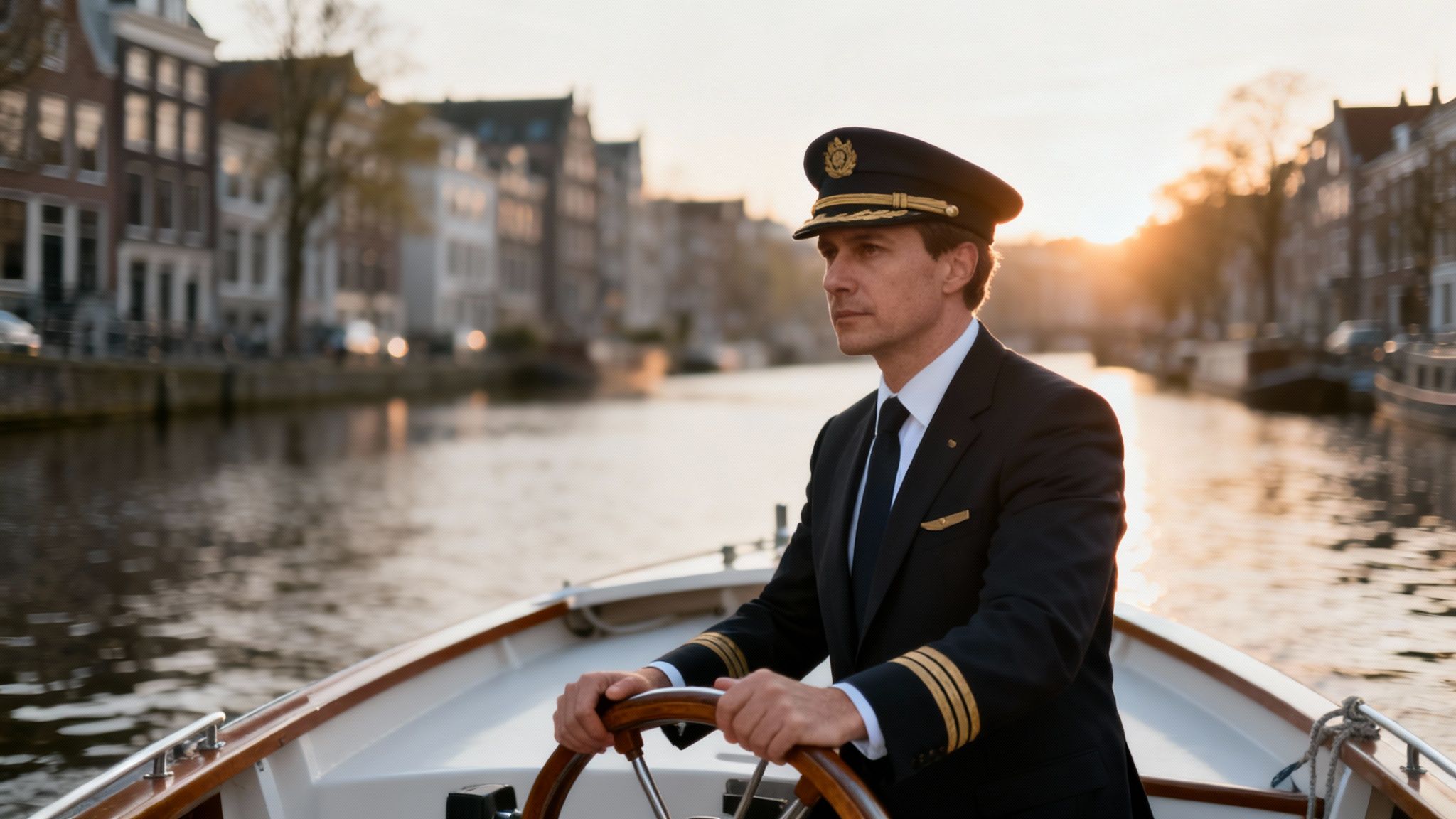 Ship captain in uniform steering boat through Amsterdam canal at sunset