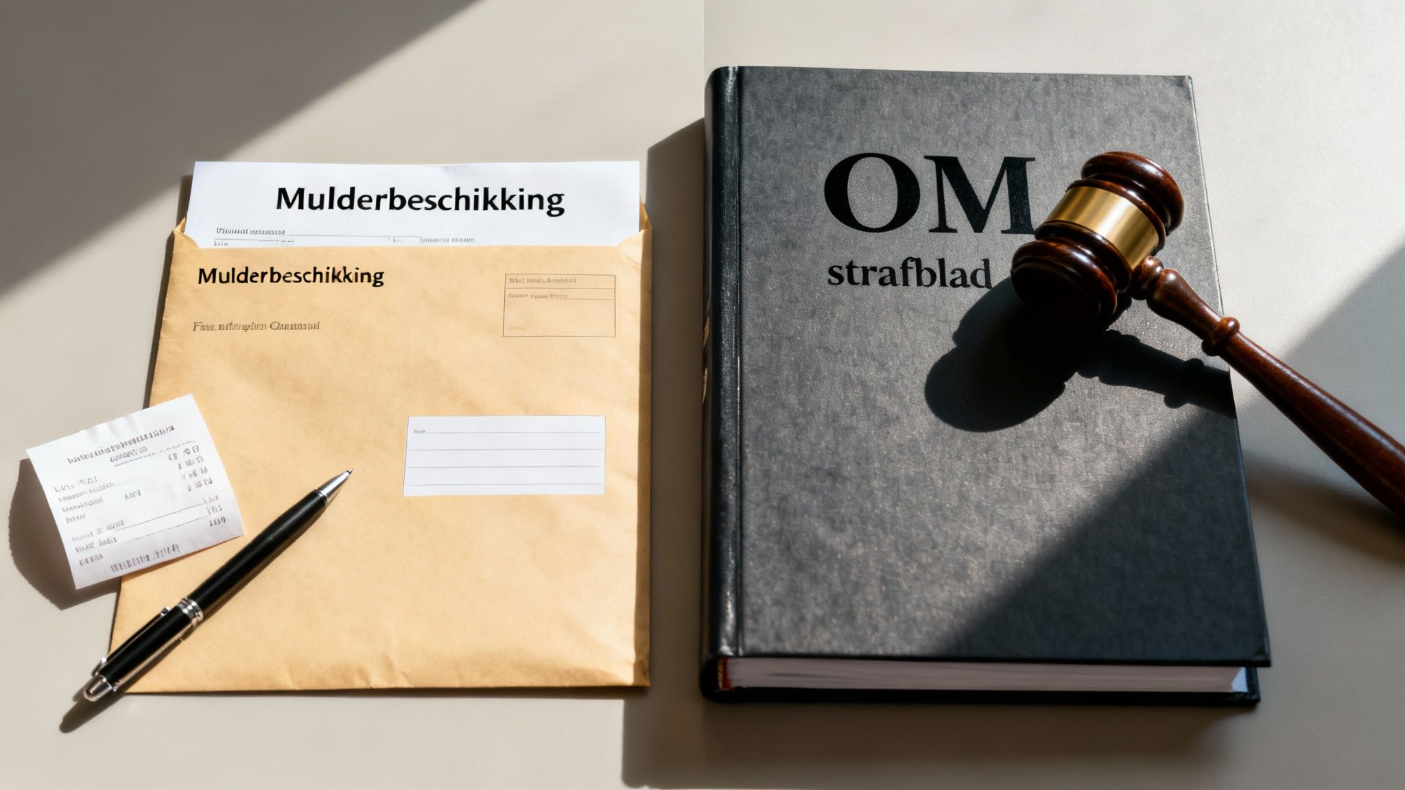 Overzicht van een envelop met Mulderbeschikking, een pen, bonnetje, en een boek 'OM strafblad' met een rechters hamer.