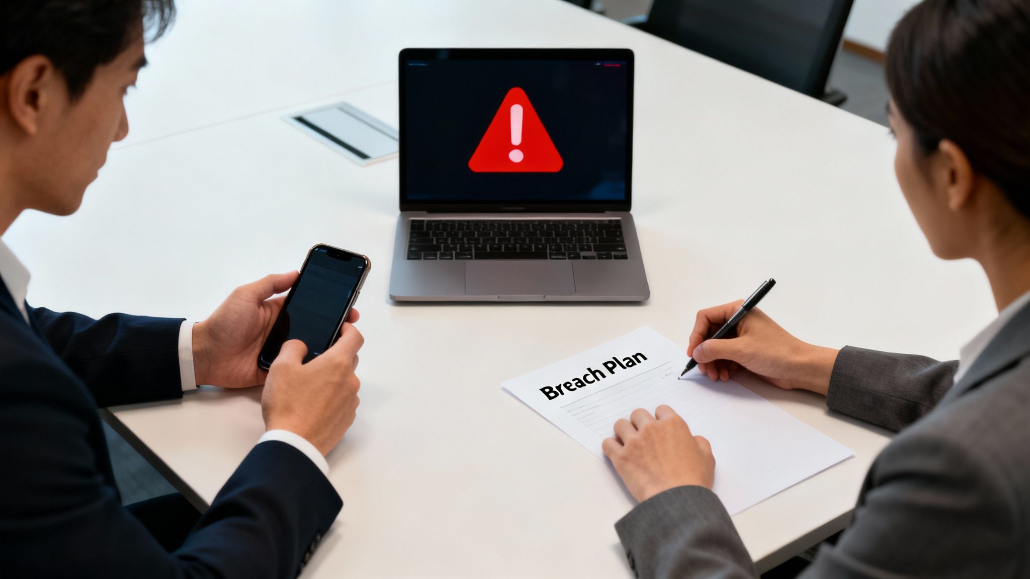 A Guide to Biometric Data GDPR Compliance in the Netherlands 5 Two professionals review a laptop with a data breach warning and sign a breach plan.