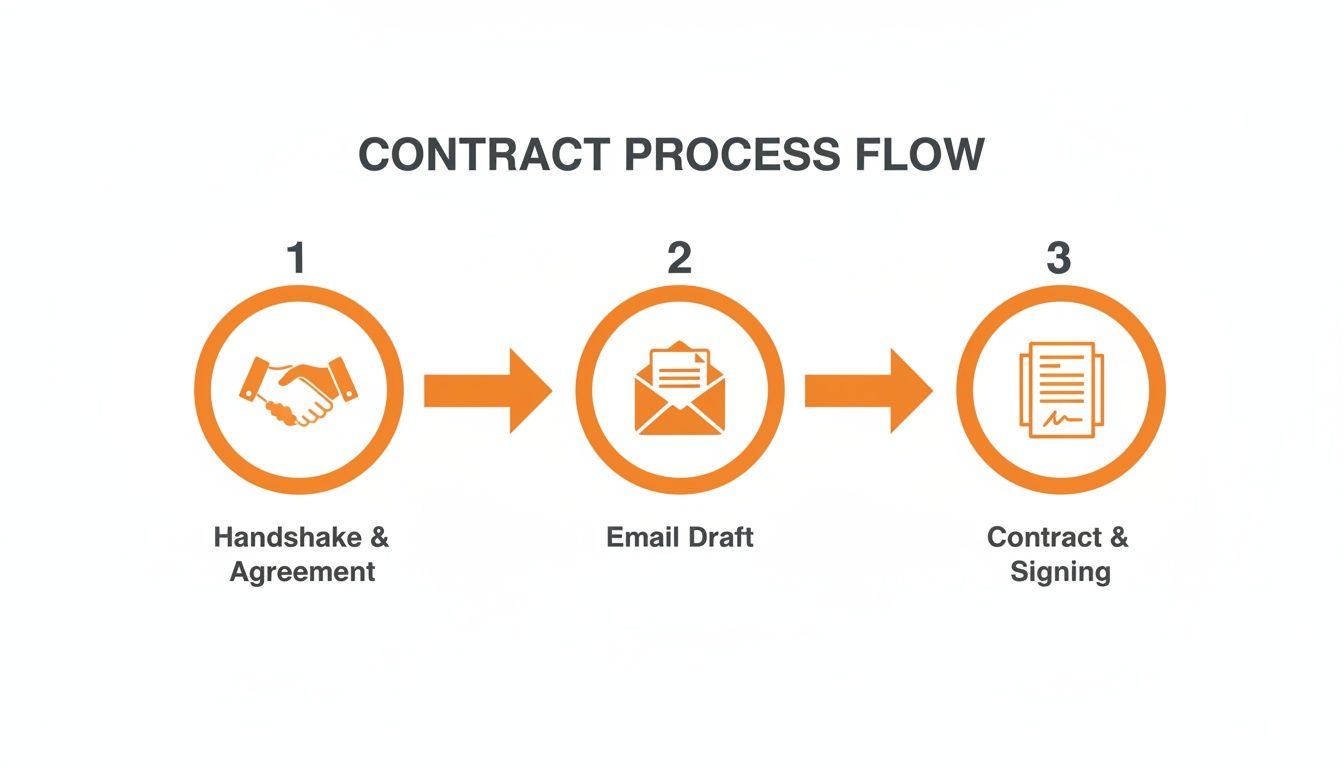 Flowchart illustrating the contract process from handshake agreement to email draft and final signing.