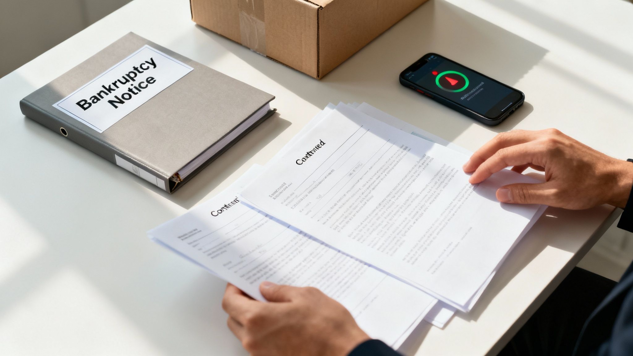 The consequences of your contract partner’s bankruptcy: what can you do? 3 A person looking concerned while reviewing documents in an office setting