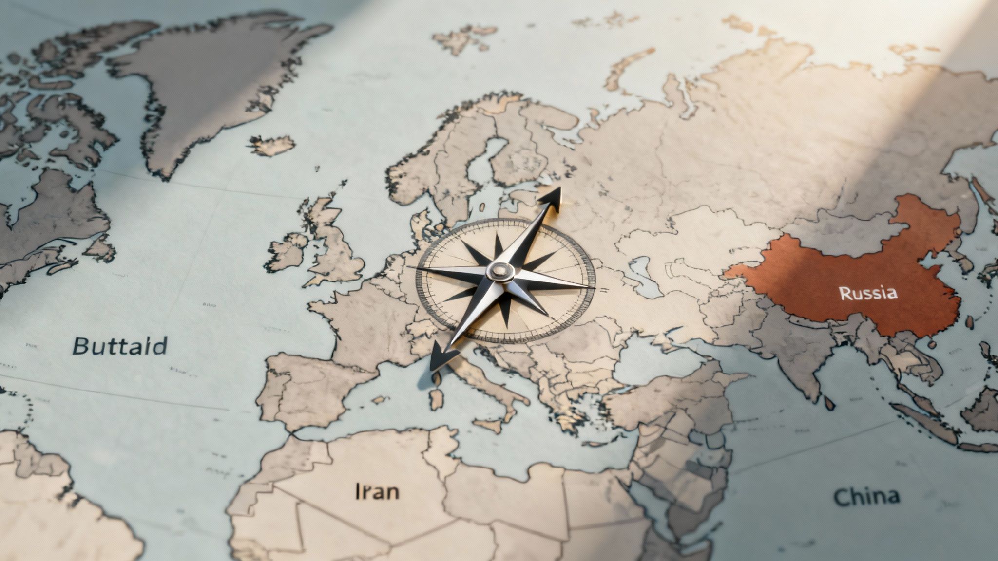 Overzicht van wereldkaart met focus op Rusland, Iran en China