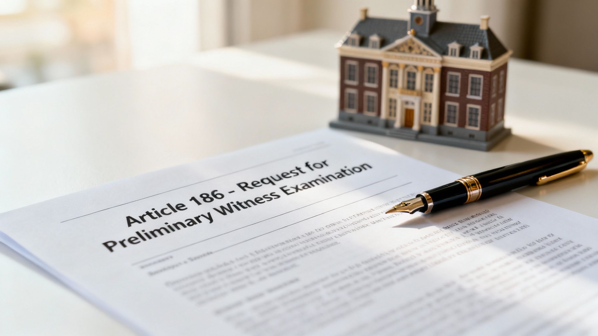 Kohtuniku haamer ja seaduseraamatud puidust laual, mis sümboliseerivad Hollandi ametlikku õigusprotsessi.